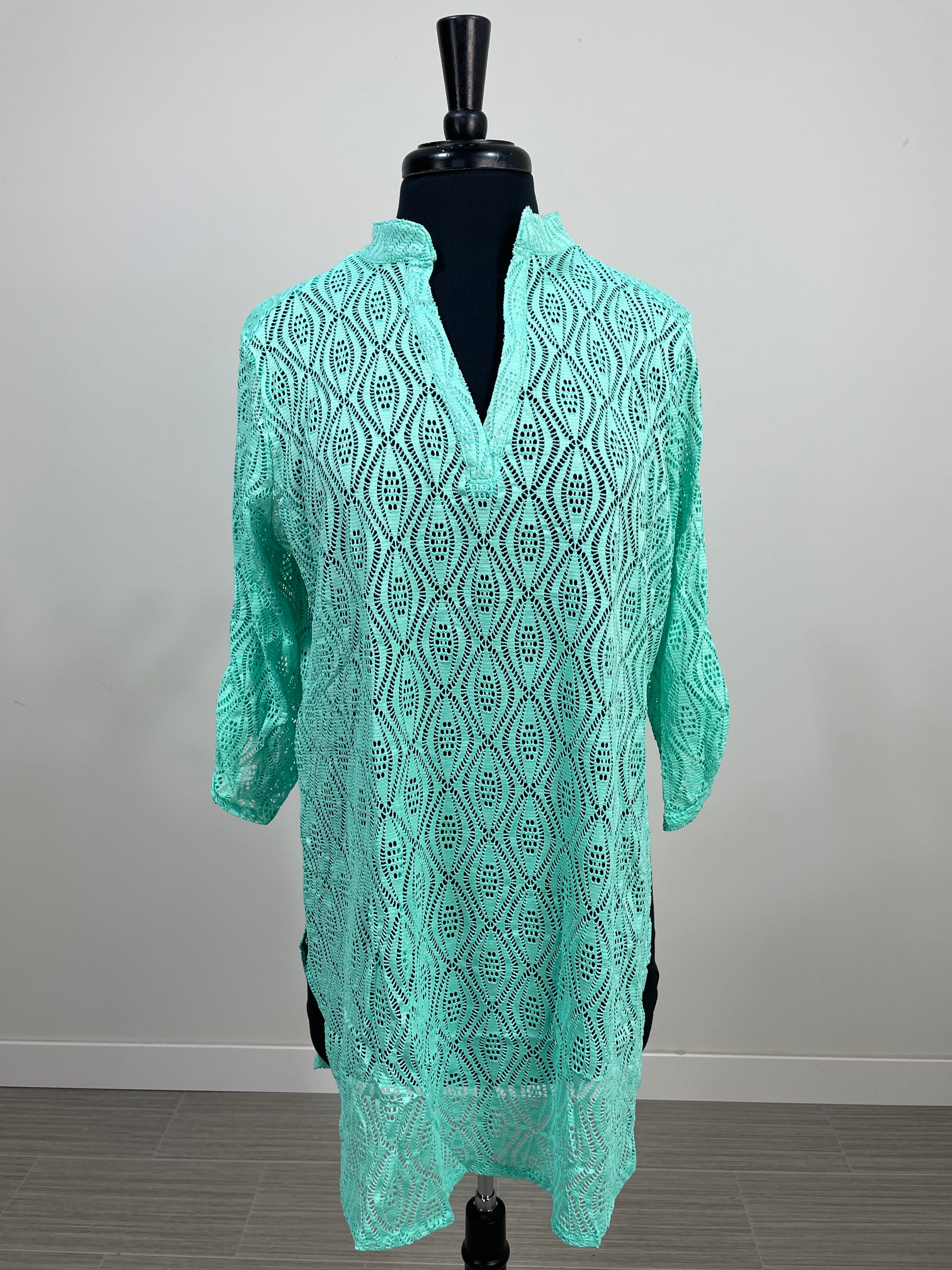 Aqua 3/4 Sleeve Crochet Cover Up