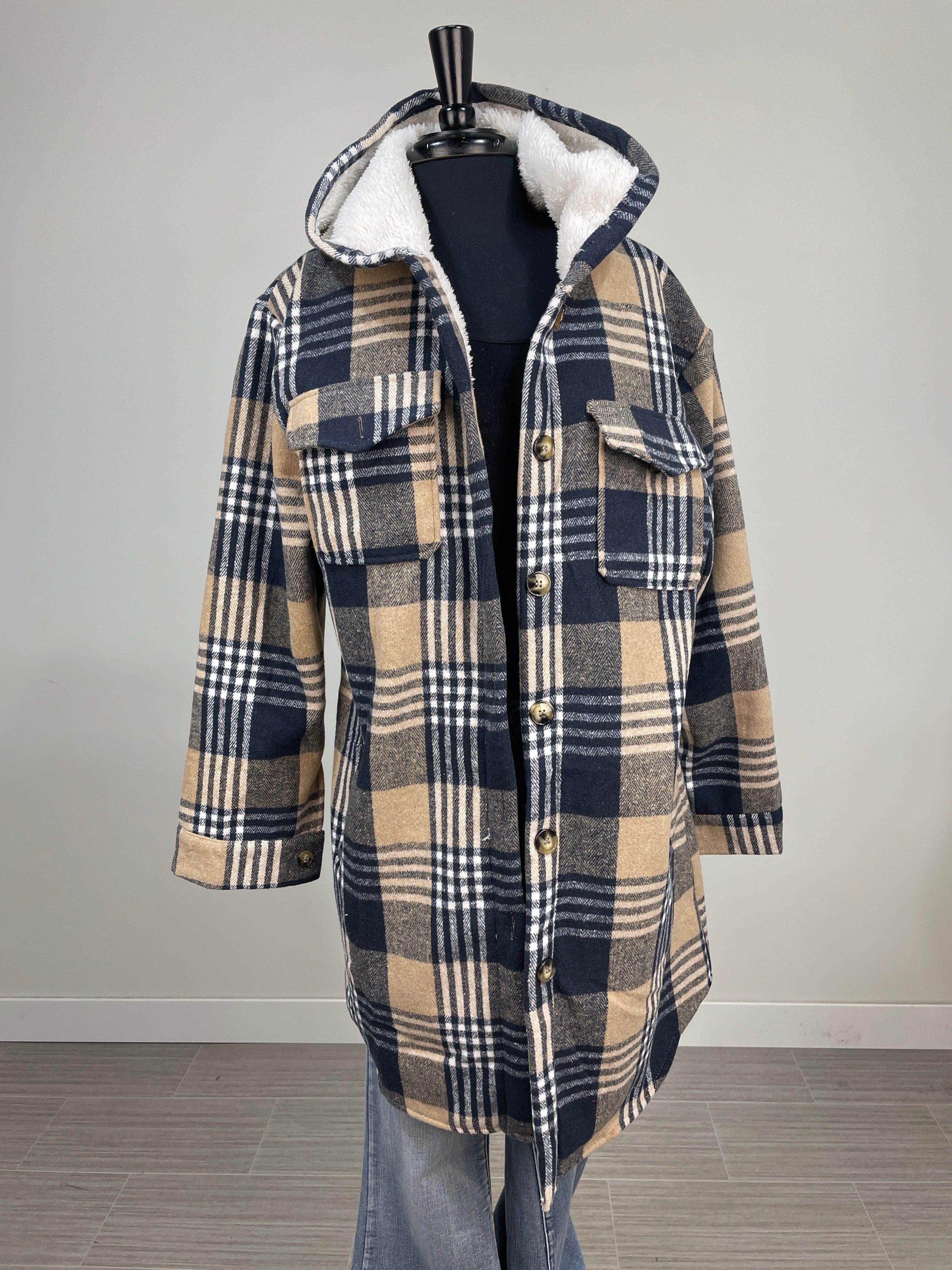 Navy & Mocha Plaid Sherpa Lined Shacket