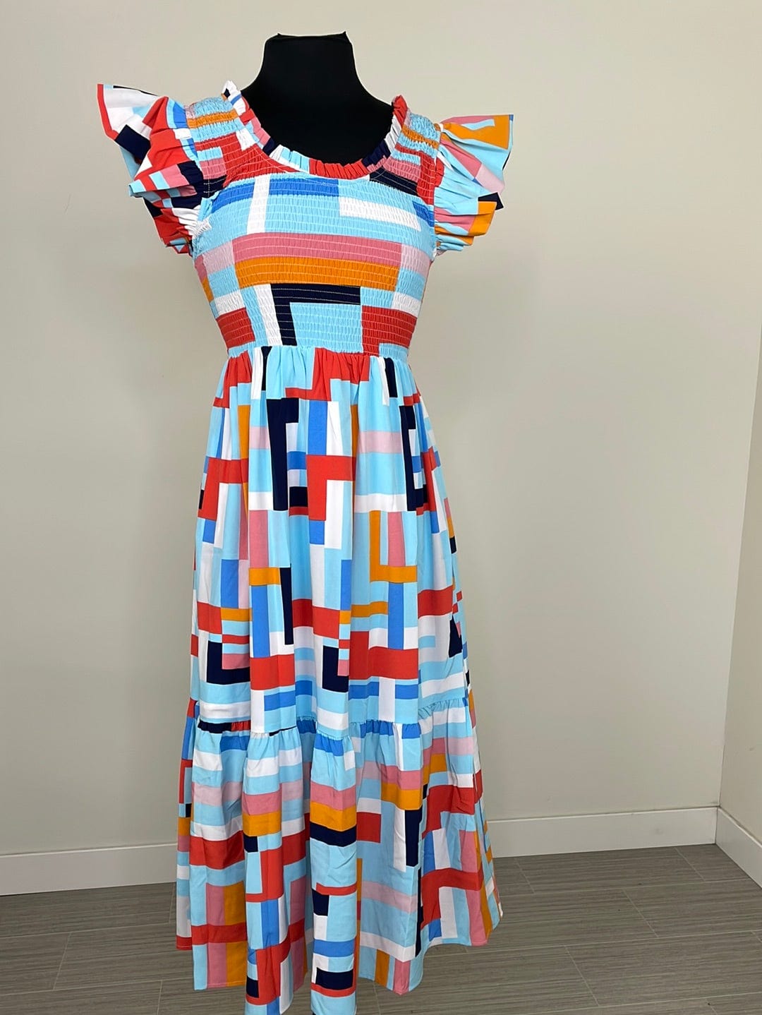 Blue Mixed Rectangular Patterned Dress