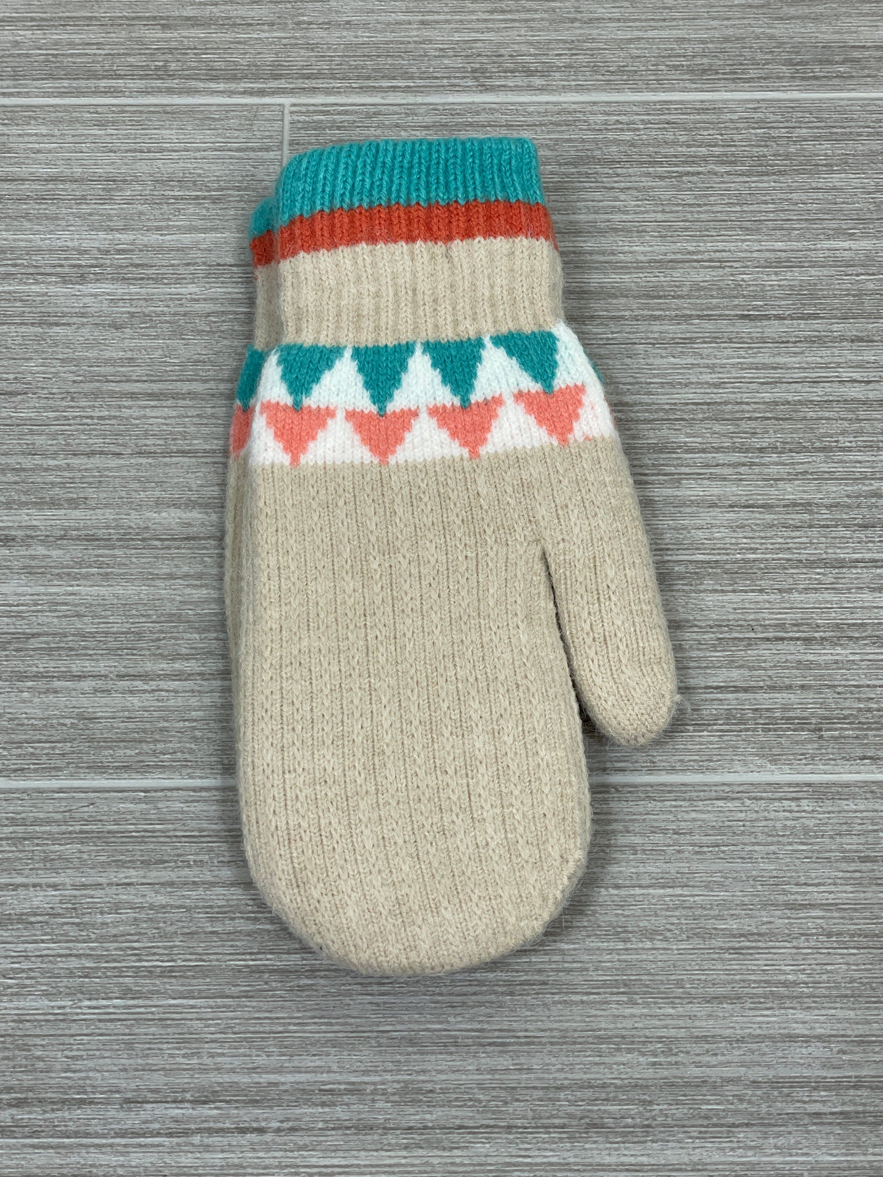 Beige Aztec Pattern Knit Mittens