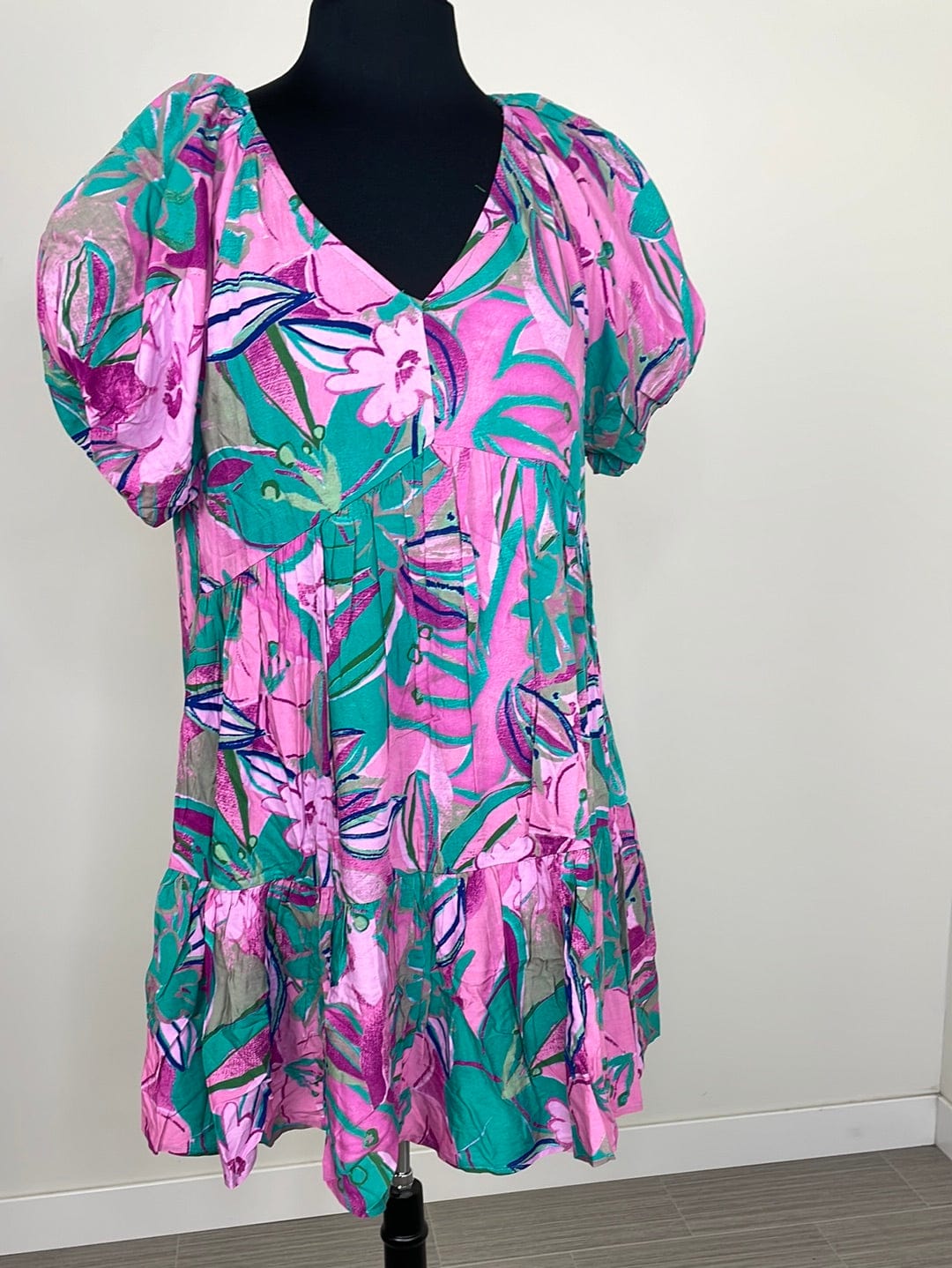 Pink & Green Floral Bubble Sleeve Dress