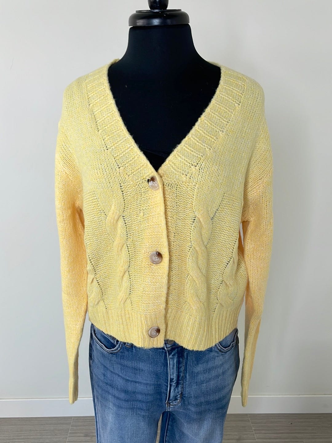 Yellow Cropped Cable Knit Button Up Sweater