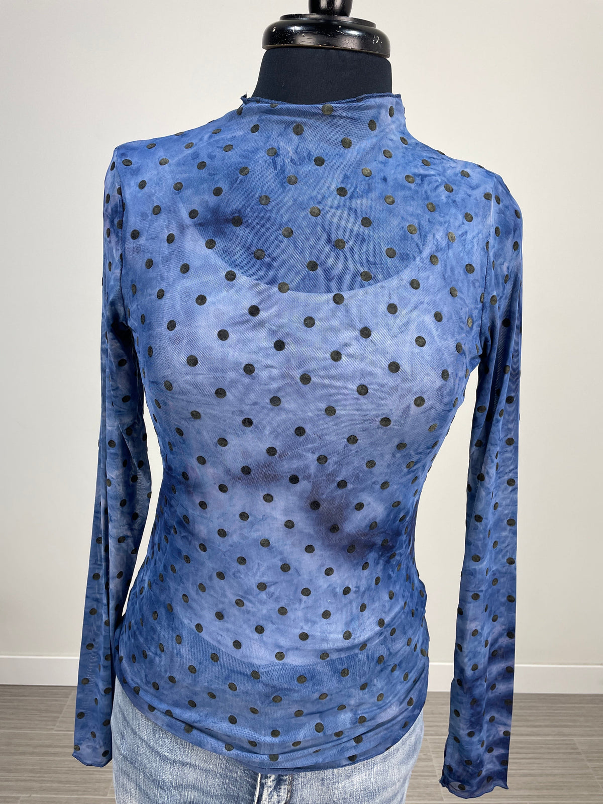 Navy Polka Dot Mesh Top