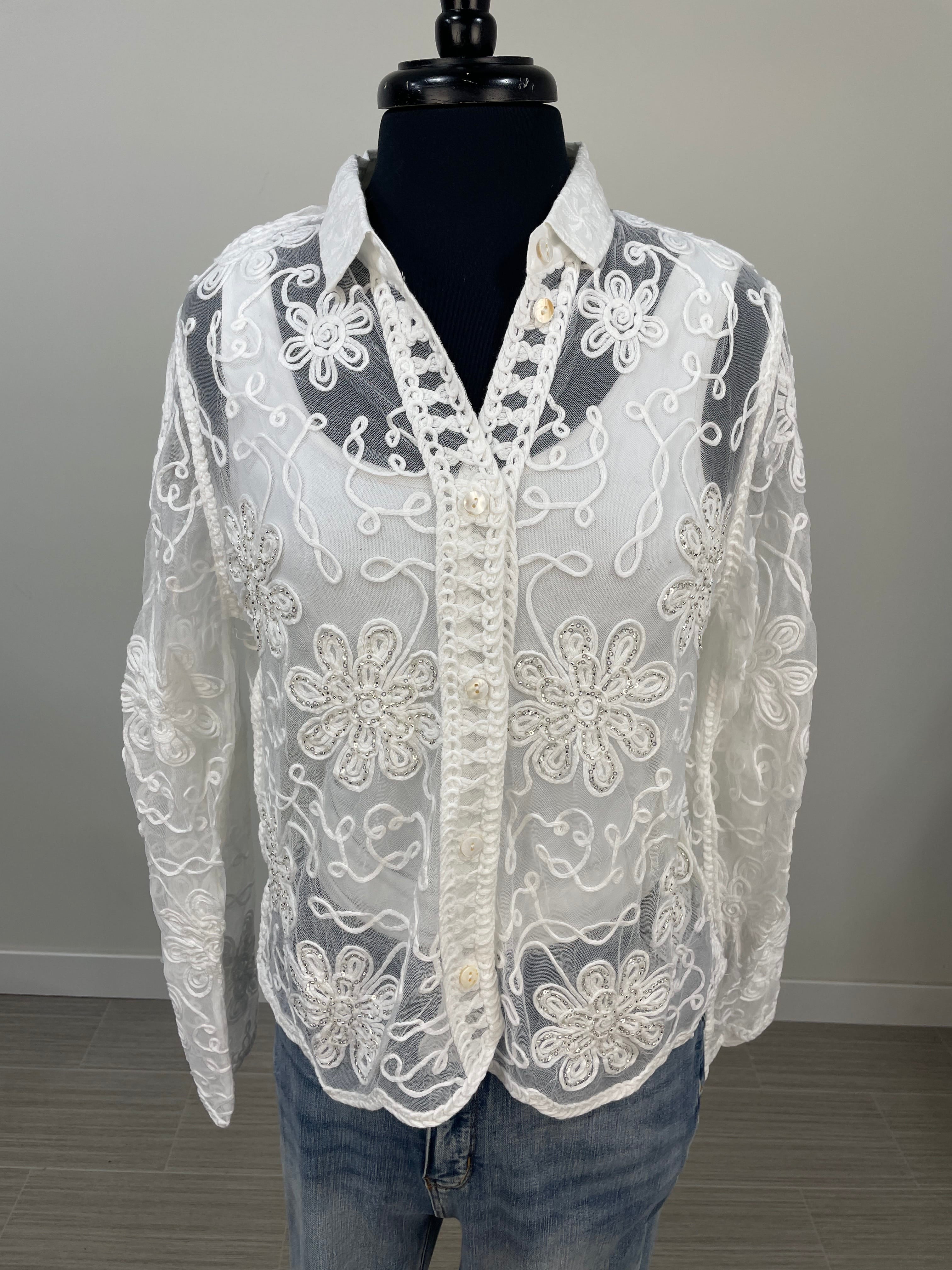 White Belle Blossom Sequin Sheer Blouse