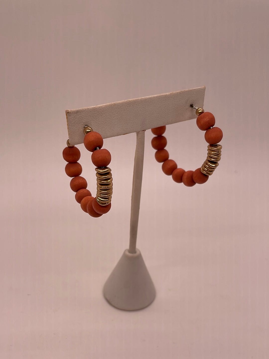 Coral Wood Bead & Gold Hoop Earring