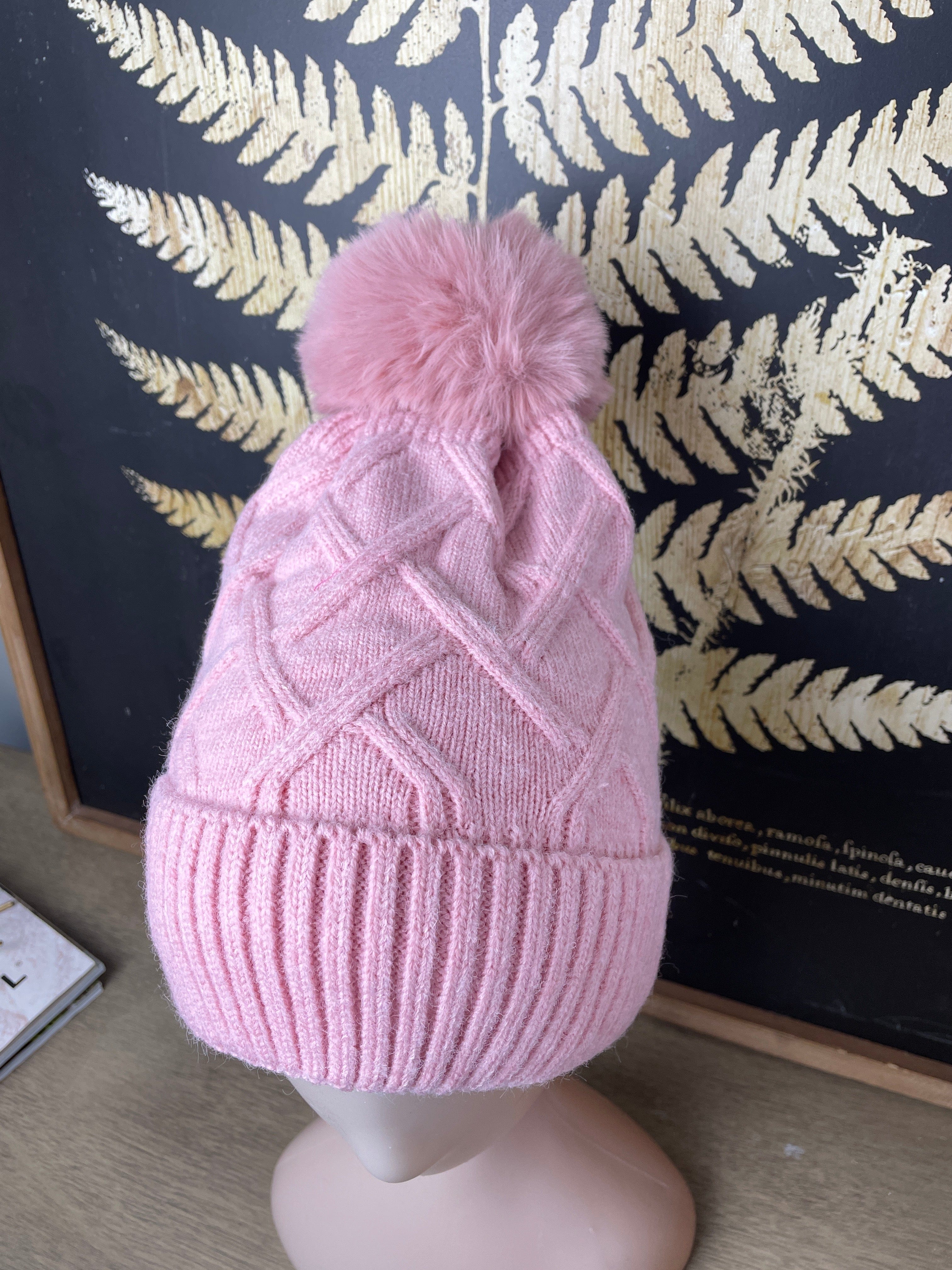 Pink Diamond Knit Fleece Lined Hat