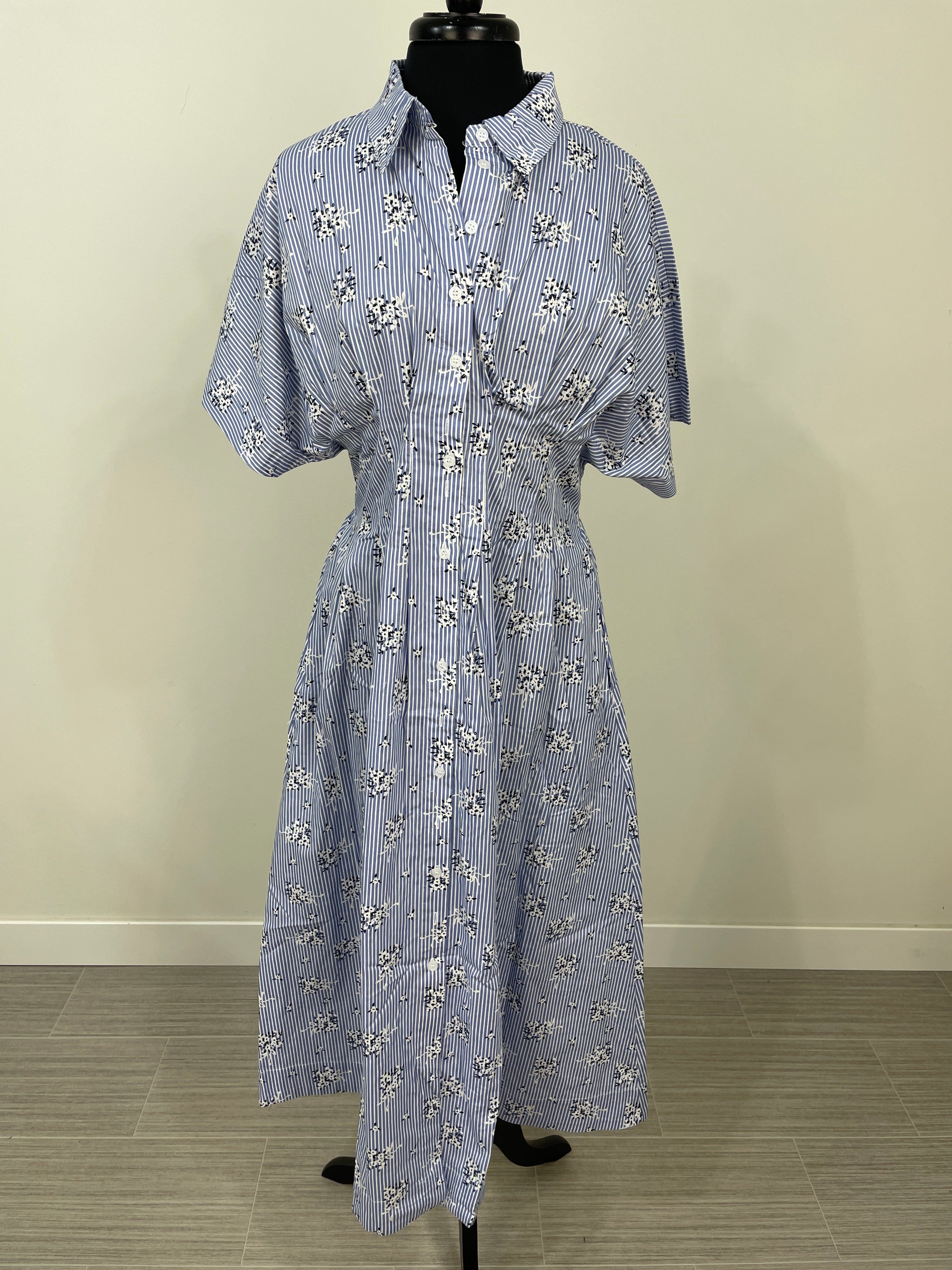 Blue Stripe Floral Front Pleated Shirtdress