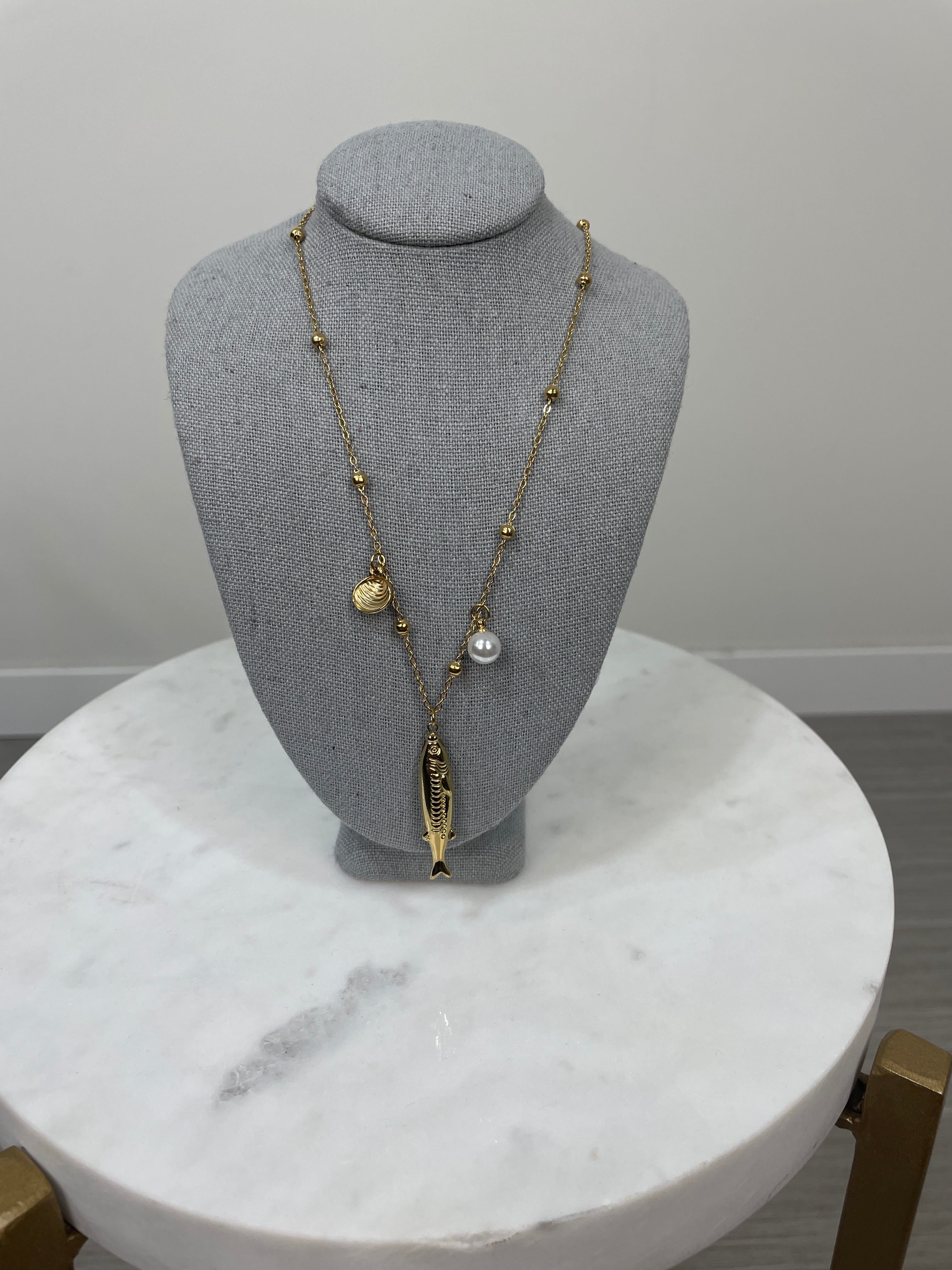 Gold & Pearl Fish Charm Necklace