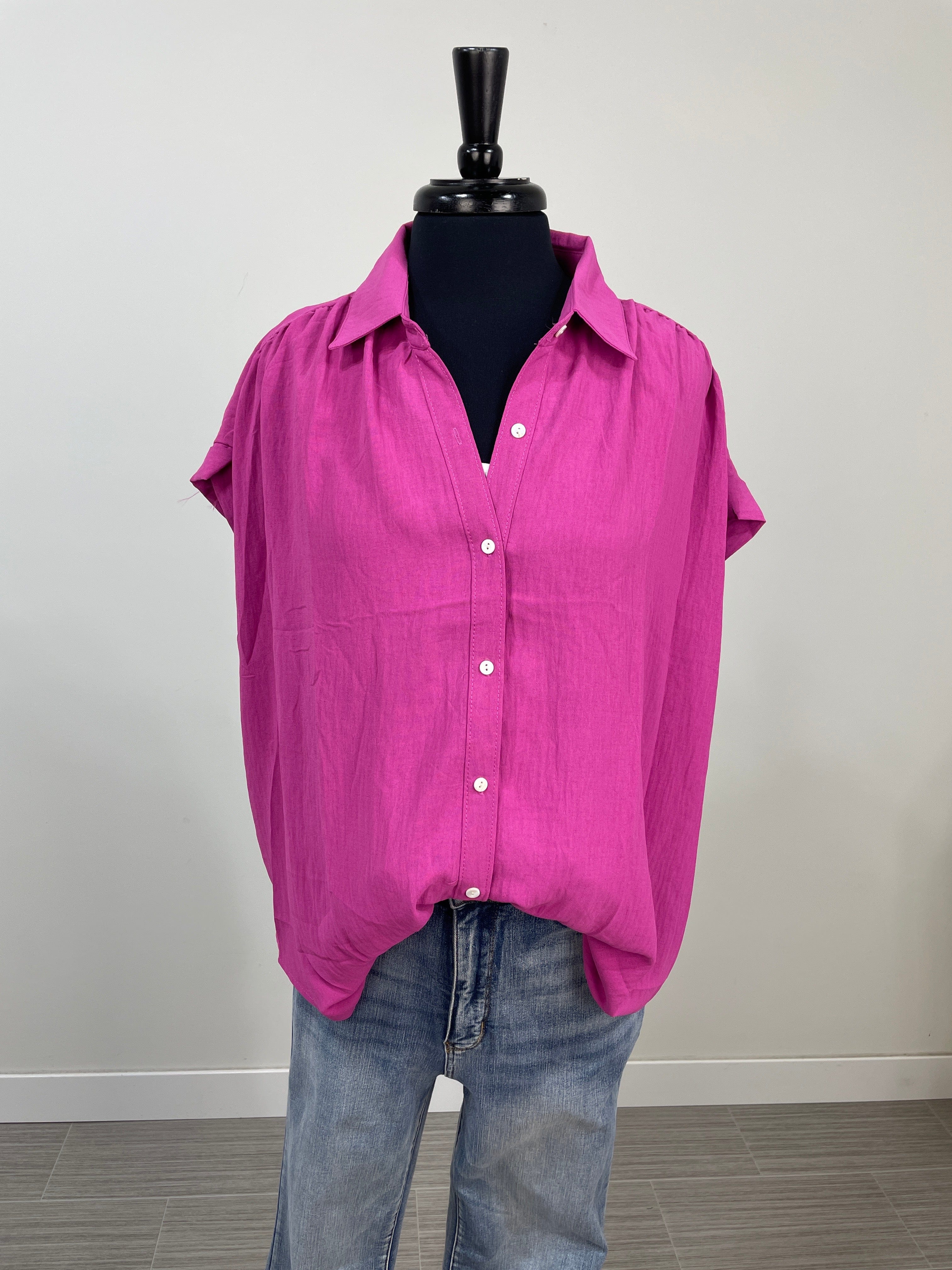Fuchsia Cuffed Sleeve Button Top