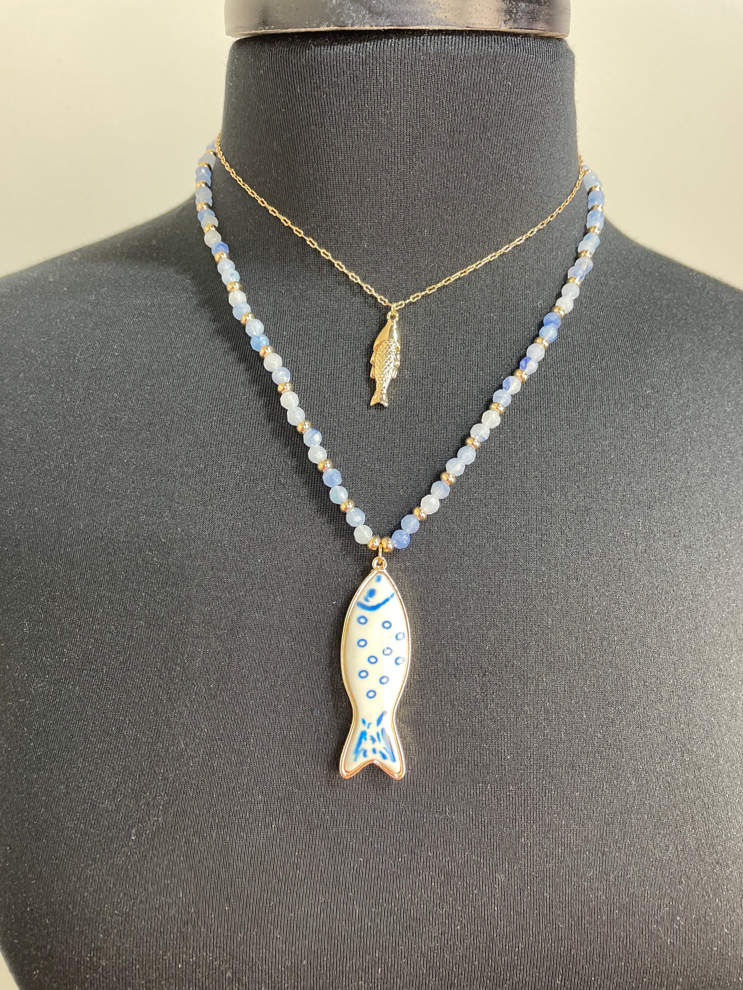 Blue Beaded Fish Pendant Necklace