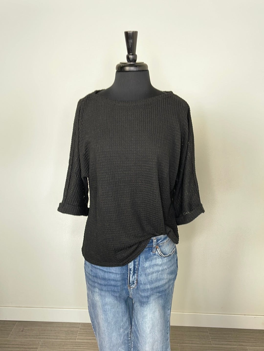 Black Waffle Cuffed Sleeve Top
