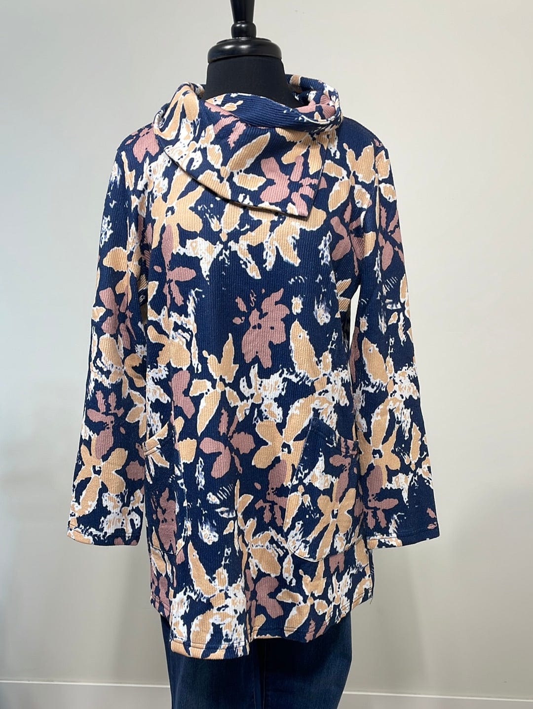 Navy Floral Cowl Tunic w/Pockets