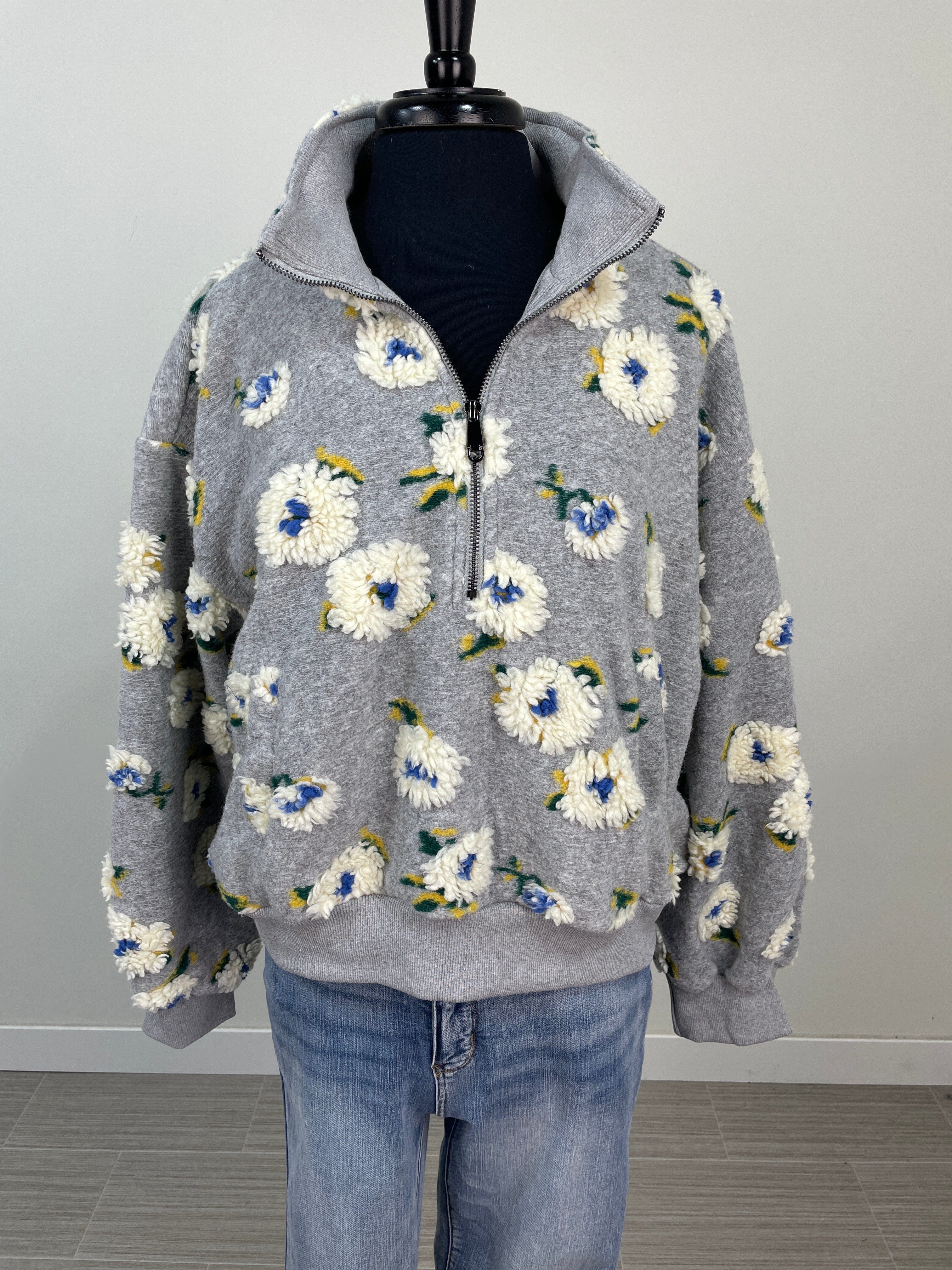 Grey Floral Zipper Pullover