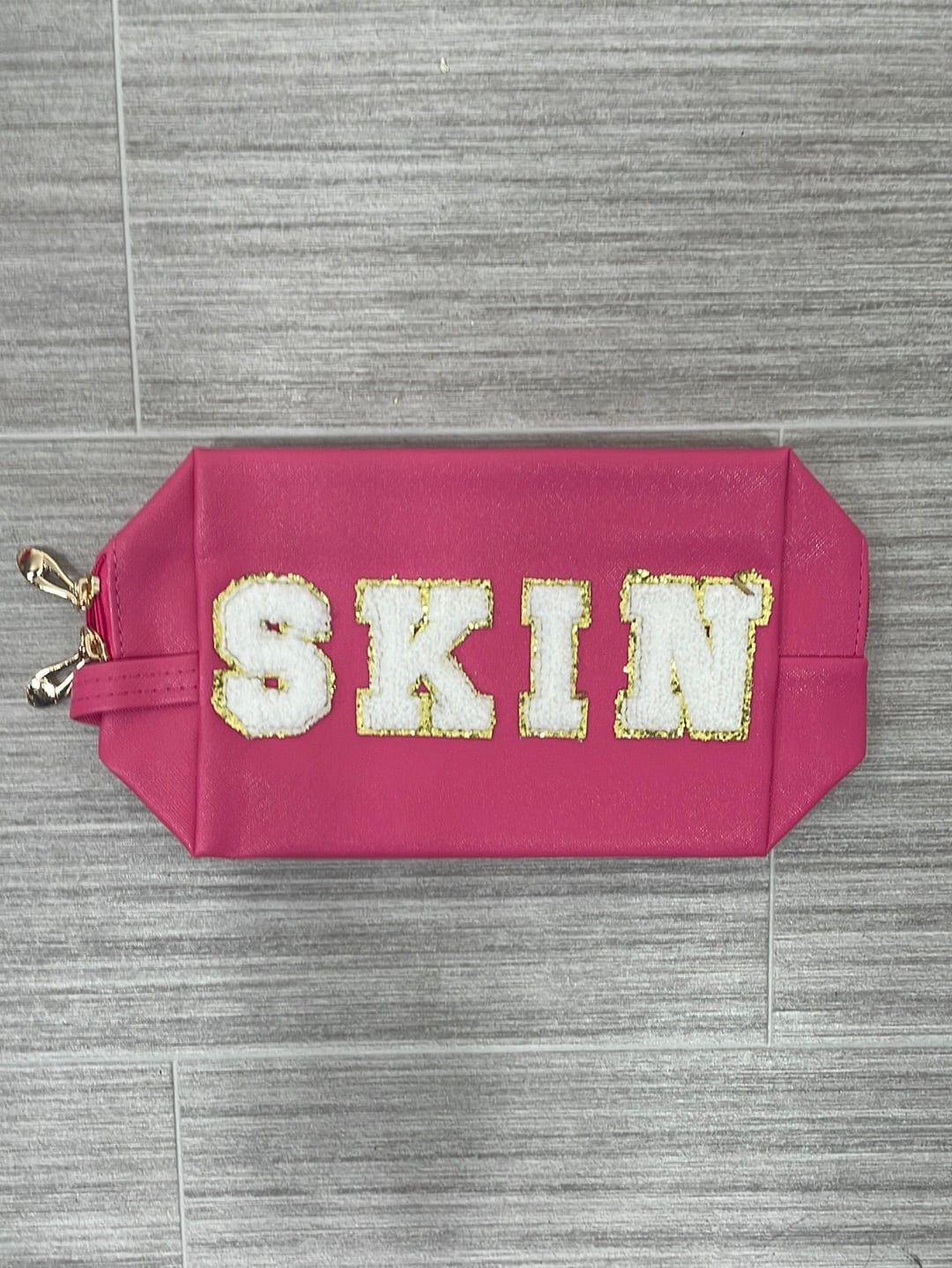 Skin Letter Patch Cosmetic Bag - Hot Pink