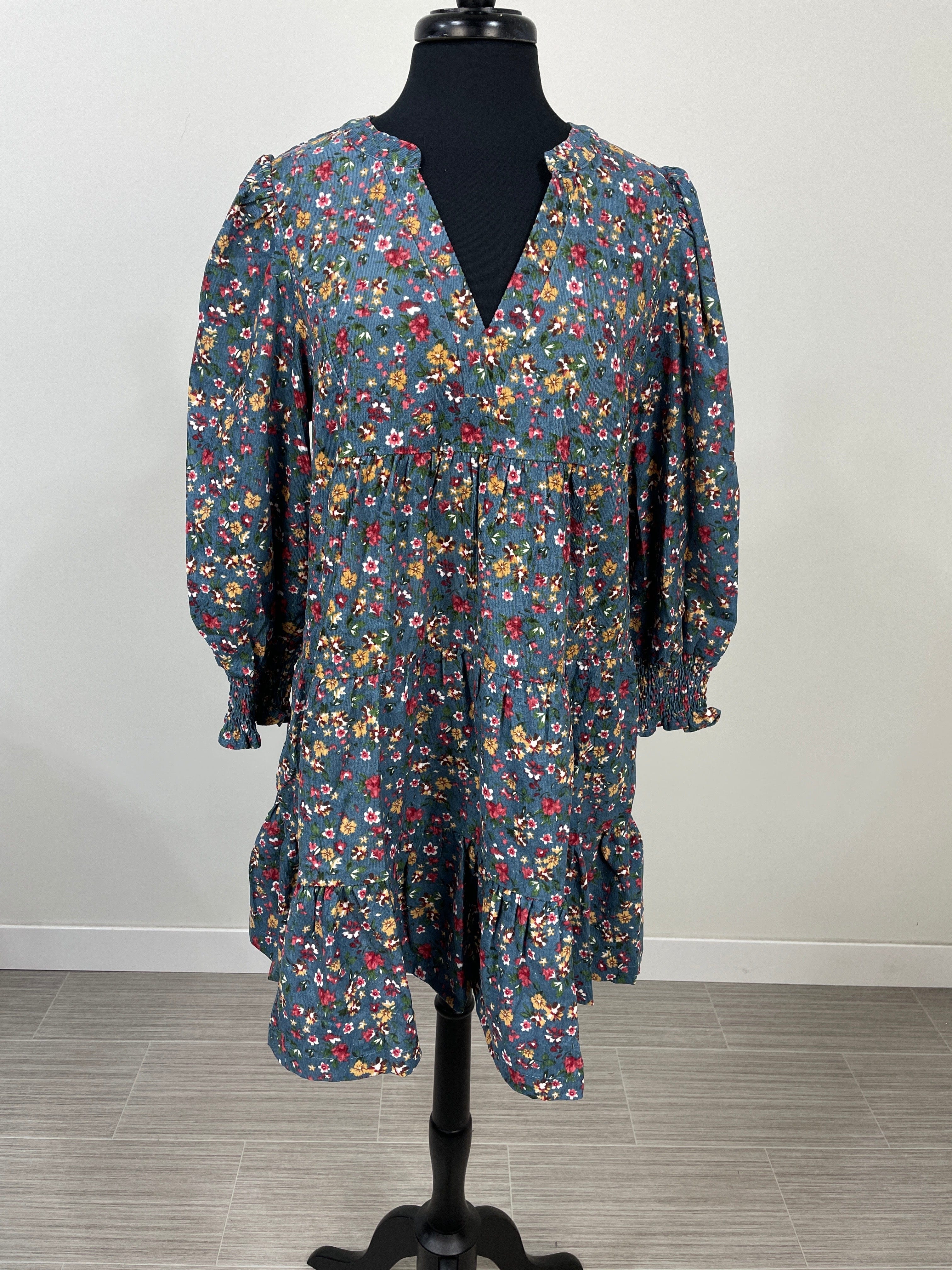 Dusty Blue & Floral Corduroy Dress