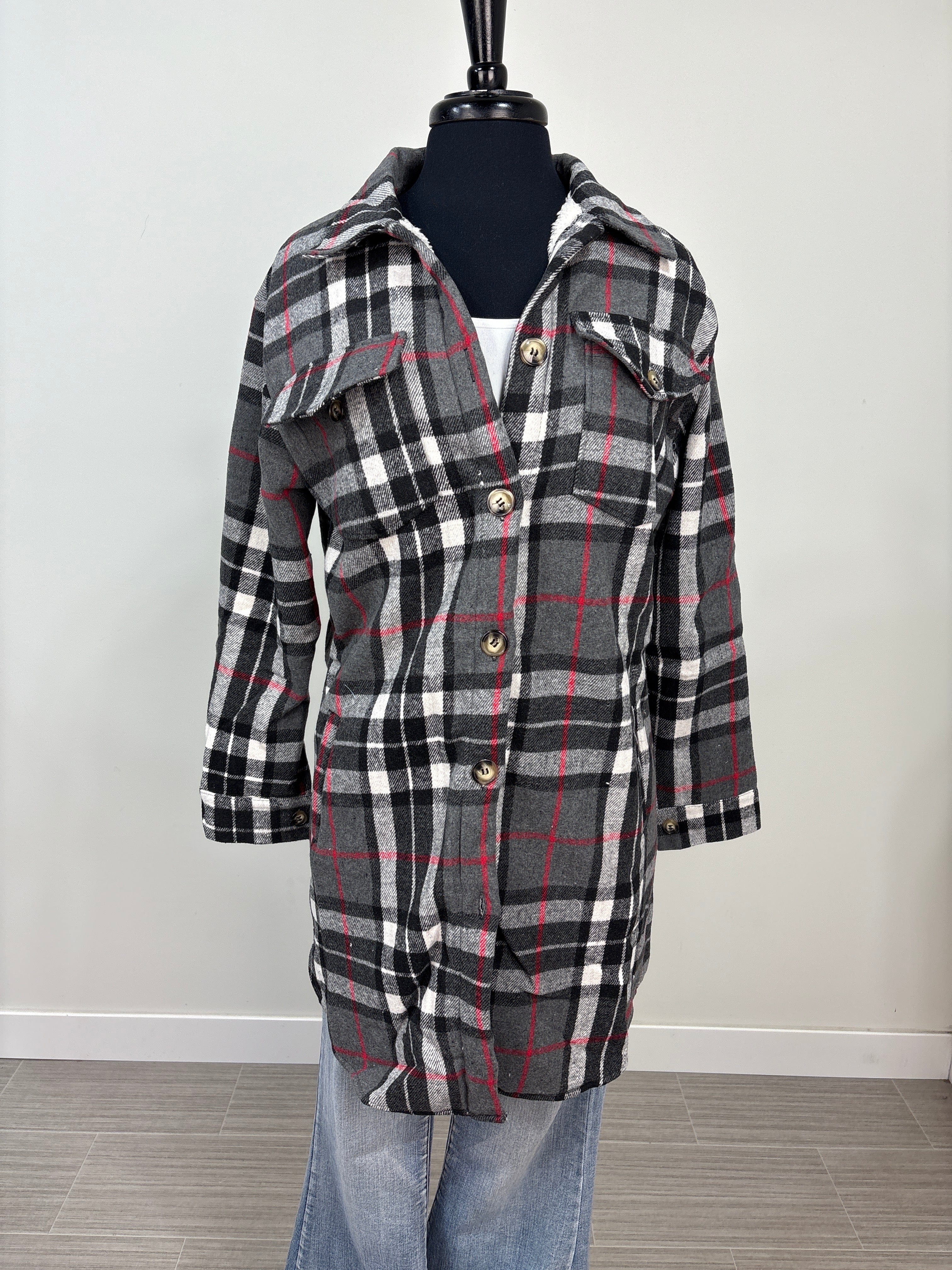 Black & Red Plaid Sherpa Lined Shacket