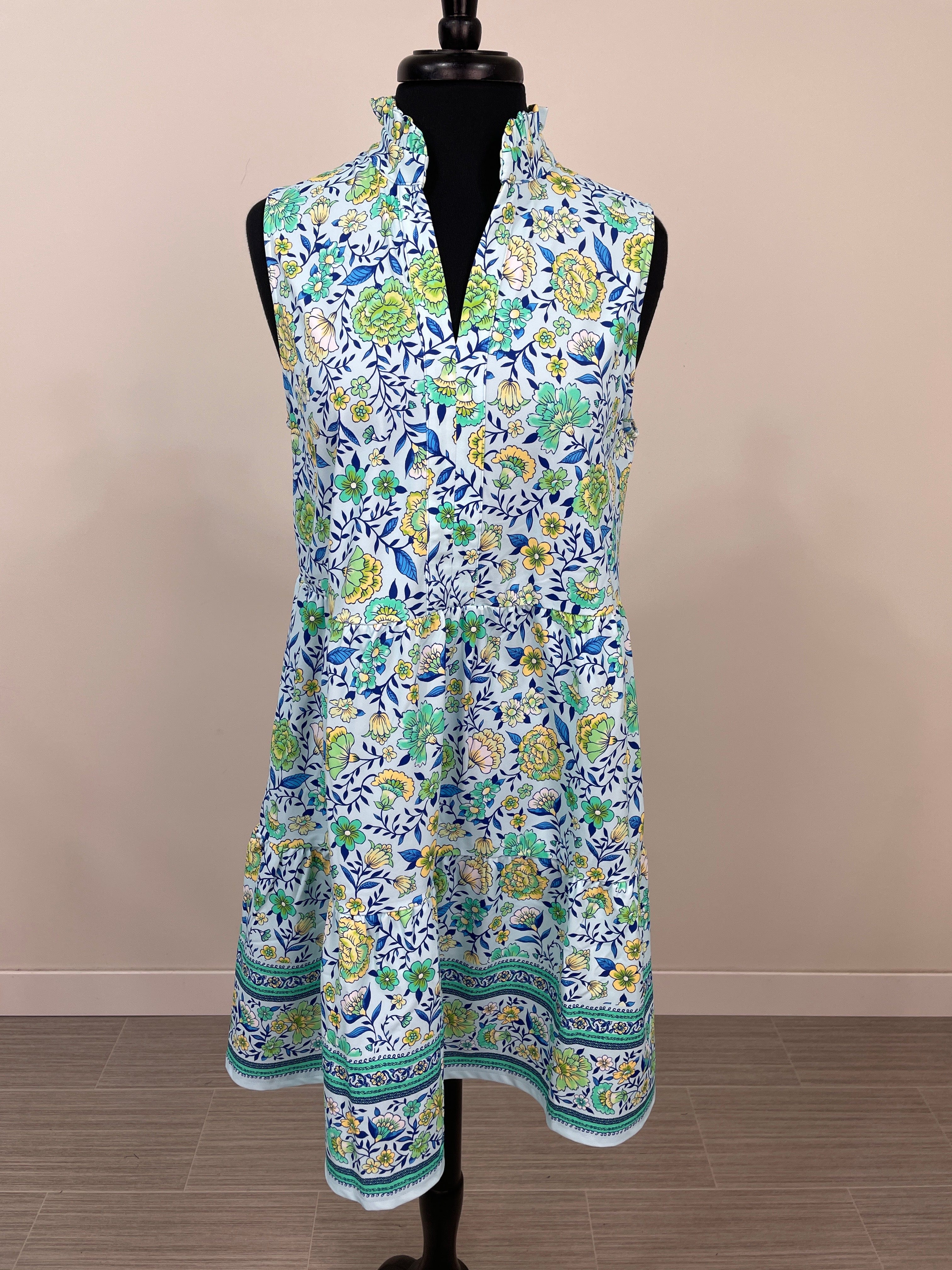 Blue/Mint Laison Floral Sleeveless Tiered Dress
