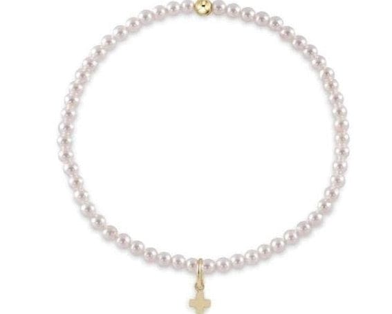 Gemstone 3mm Bead Bracelet - Pearl - Signature Cross Small Gold Charm