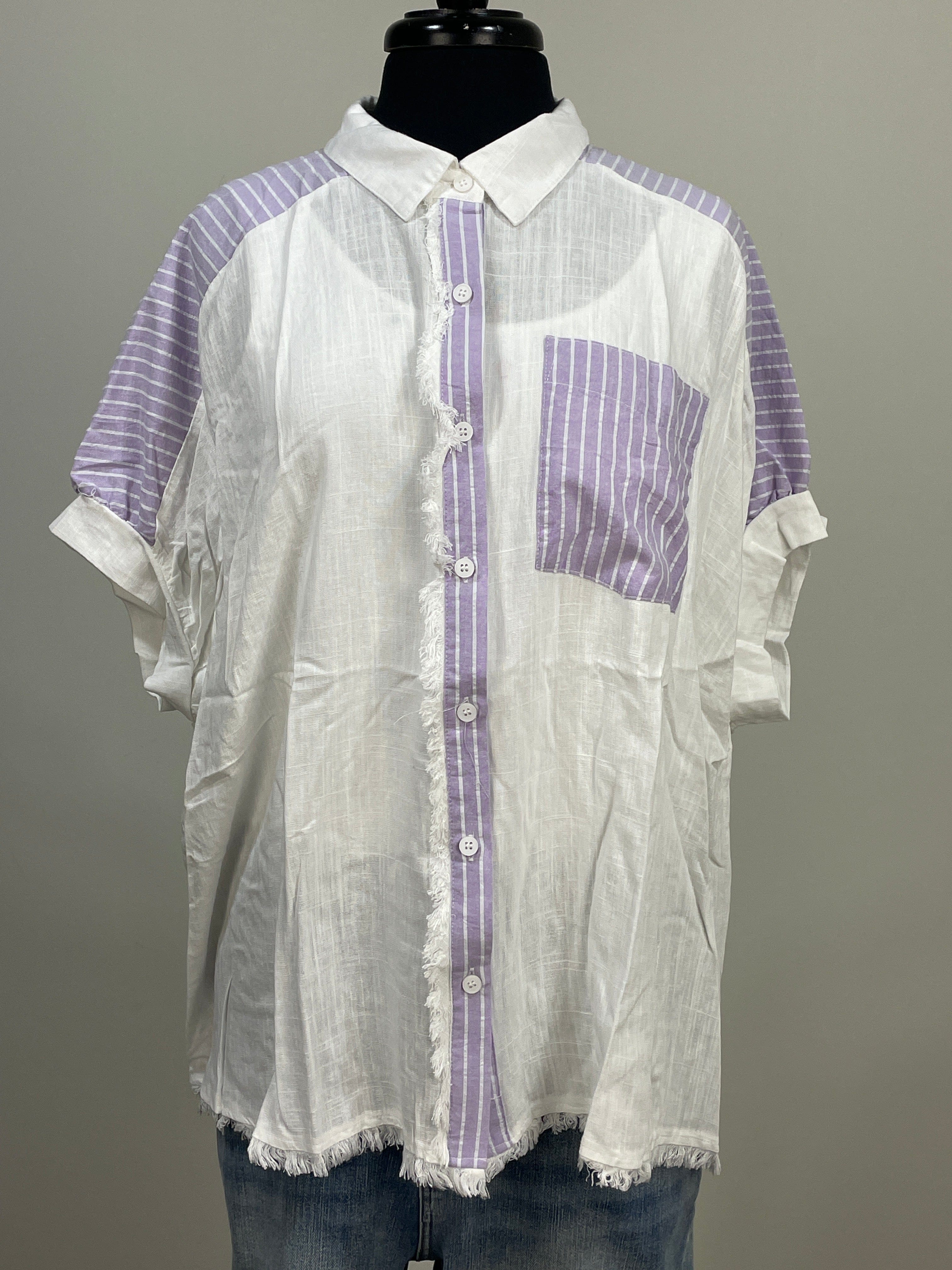 Off White with Lavender Striped Detail Button Down Top