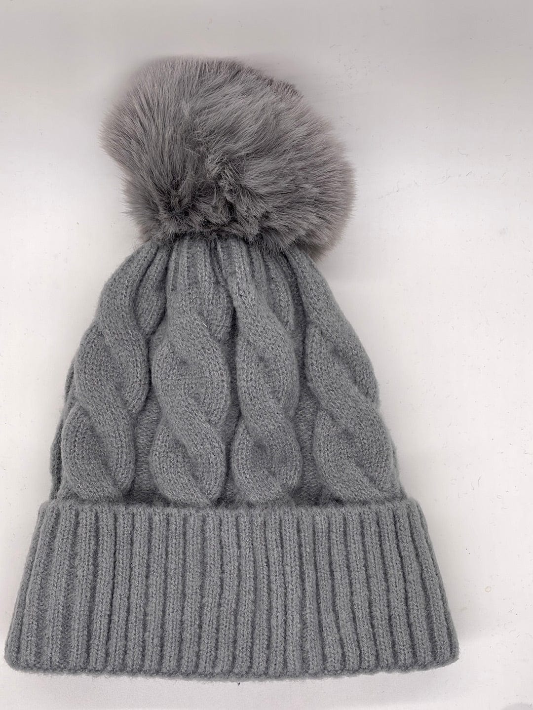 Gray Twisted Knit Fur Lined Hat
