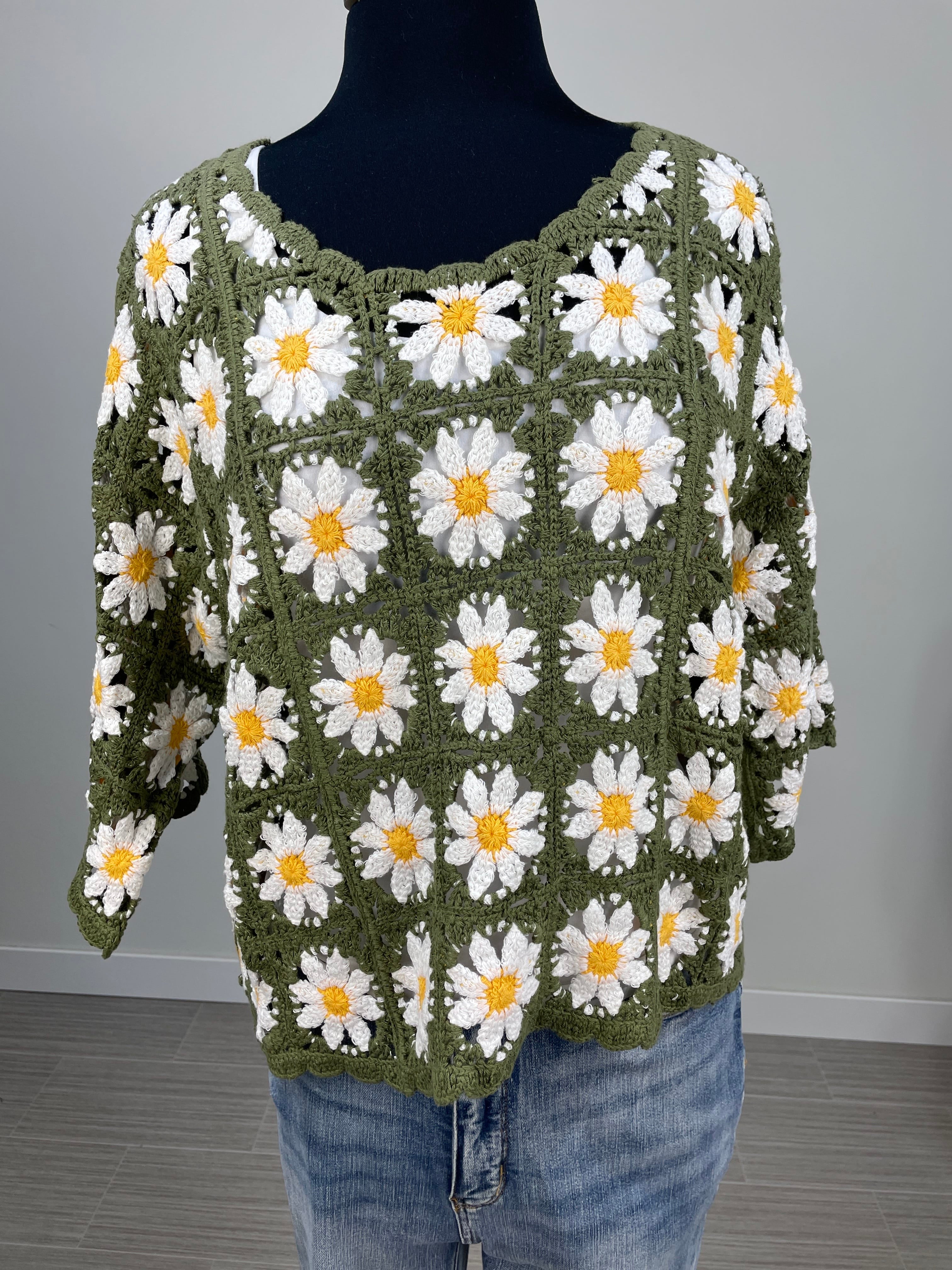 Olive Daisy Crochet Quarter Sleeve Sweater