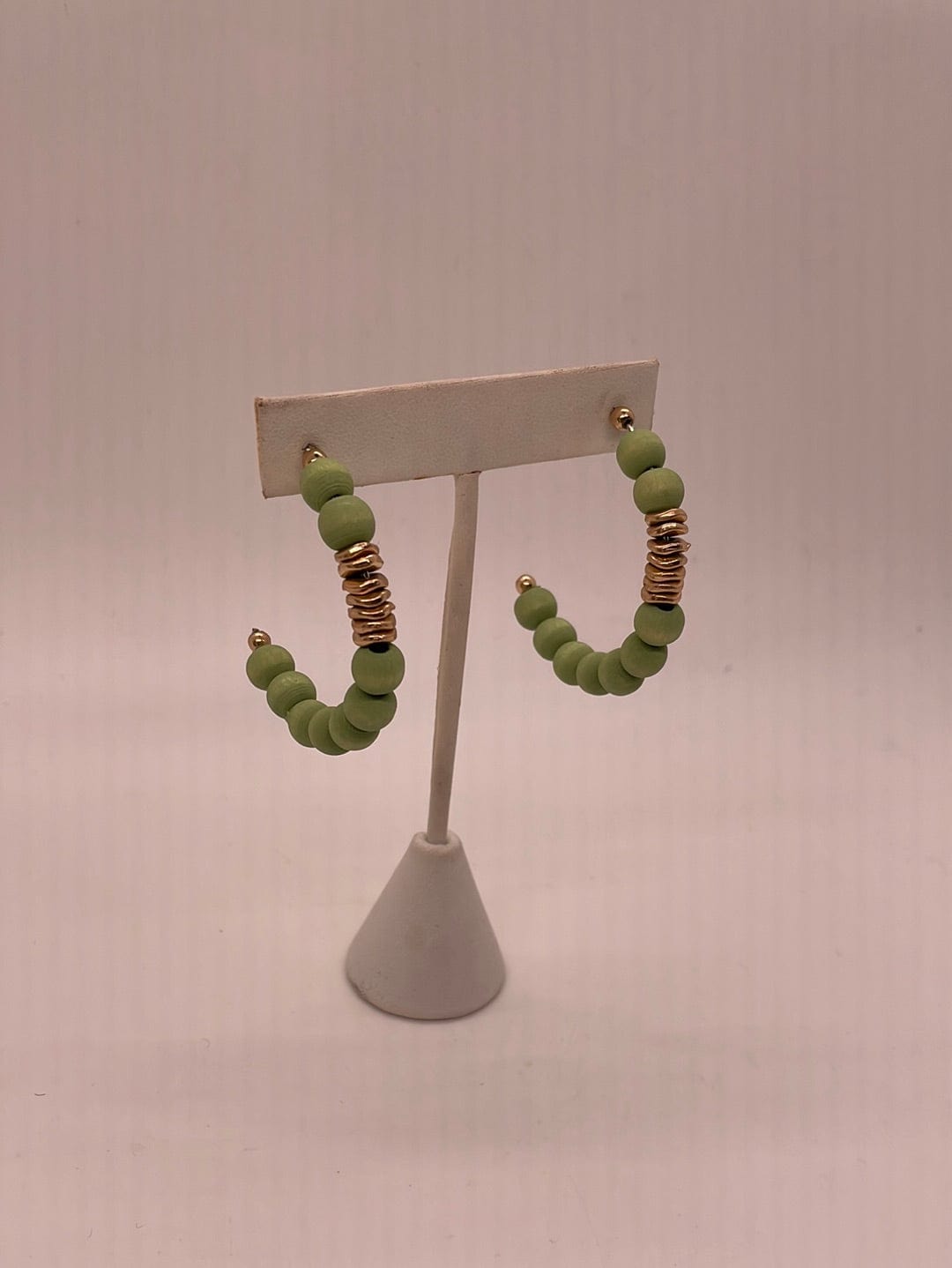 Green Wood Bead & Gold Hoop Earring