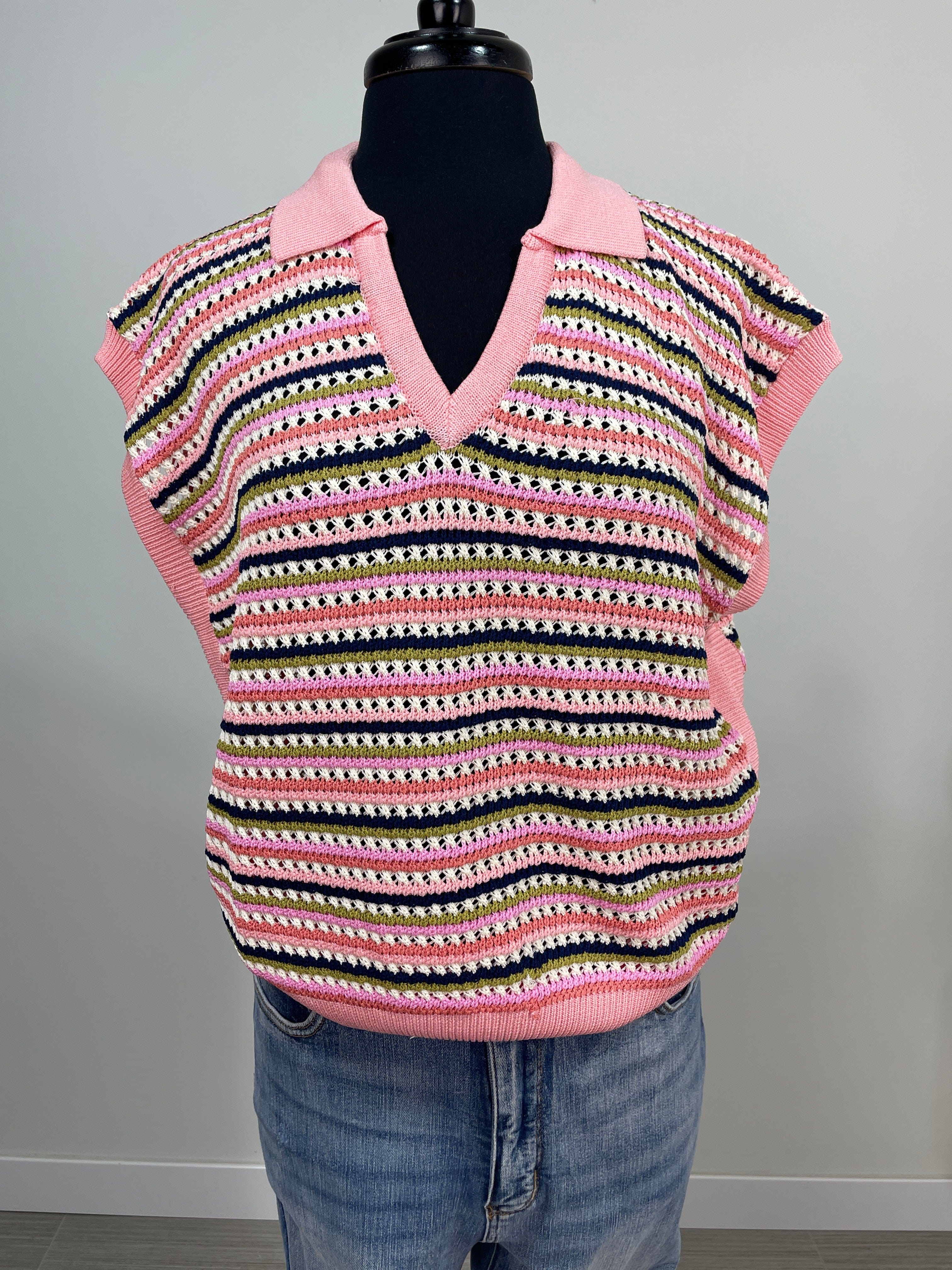 Pink Multi Stripe Collared Knit Top