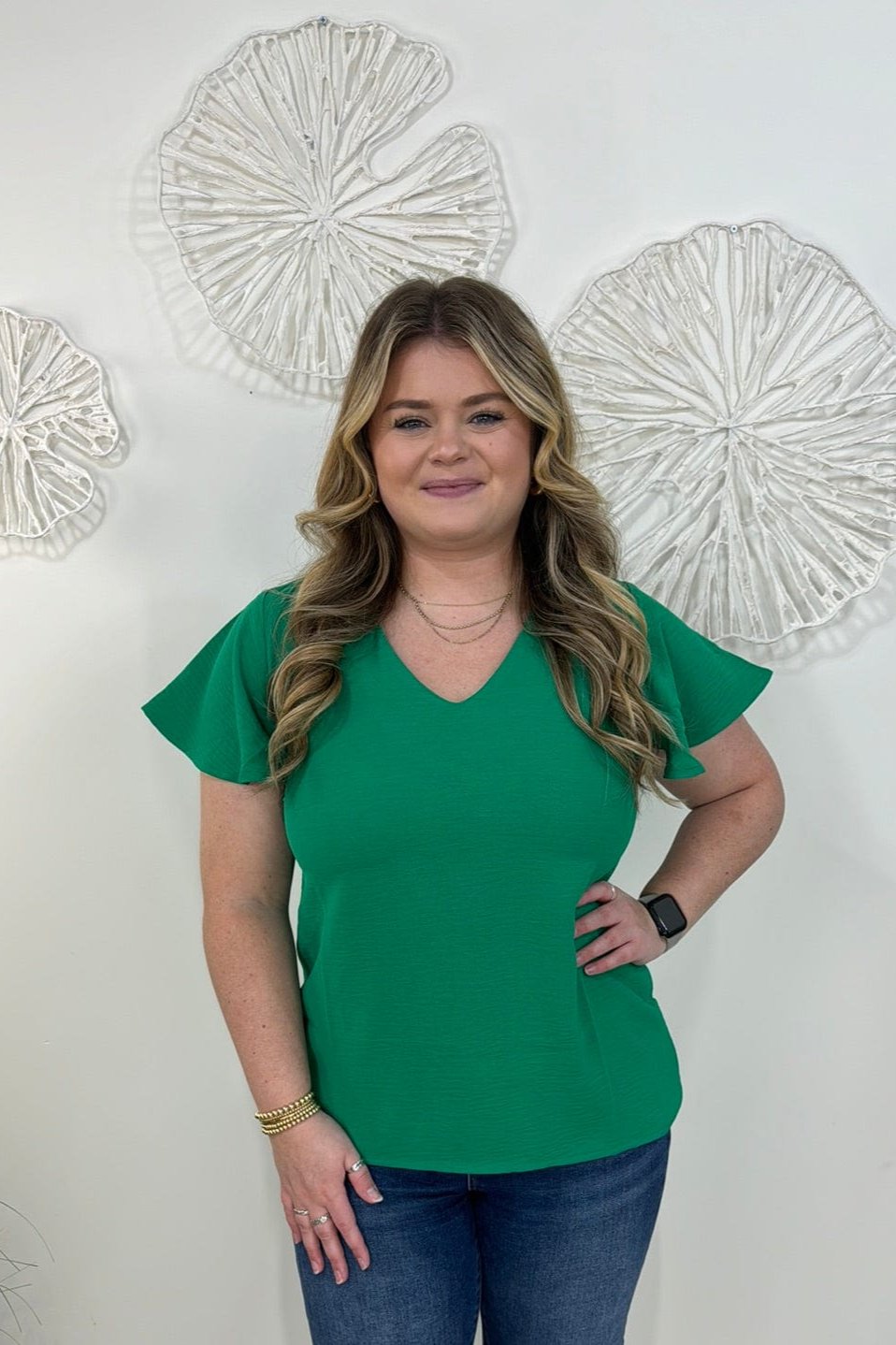 Kelly Green Woven Flutter Sleeve Top