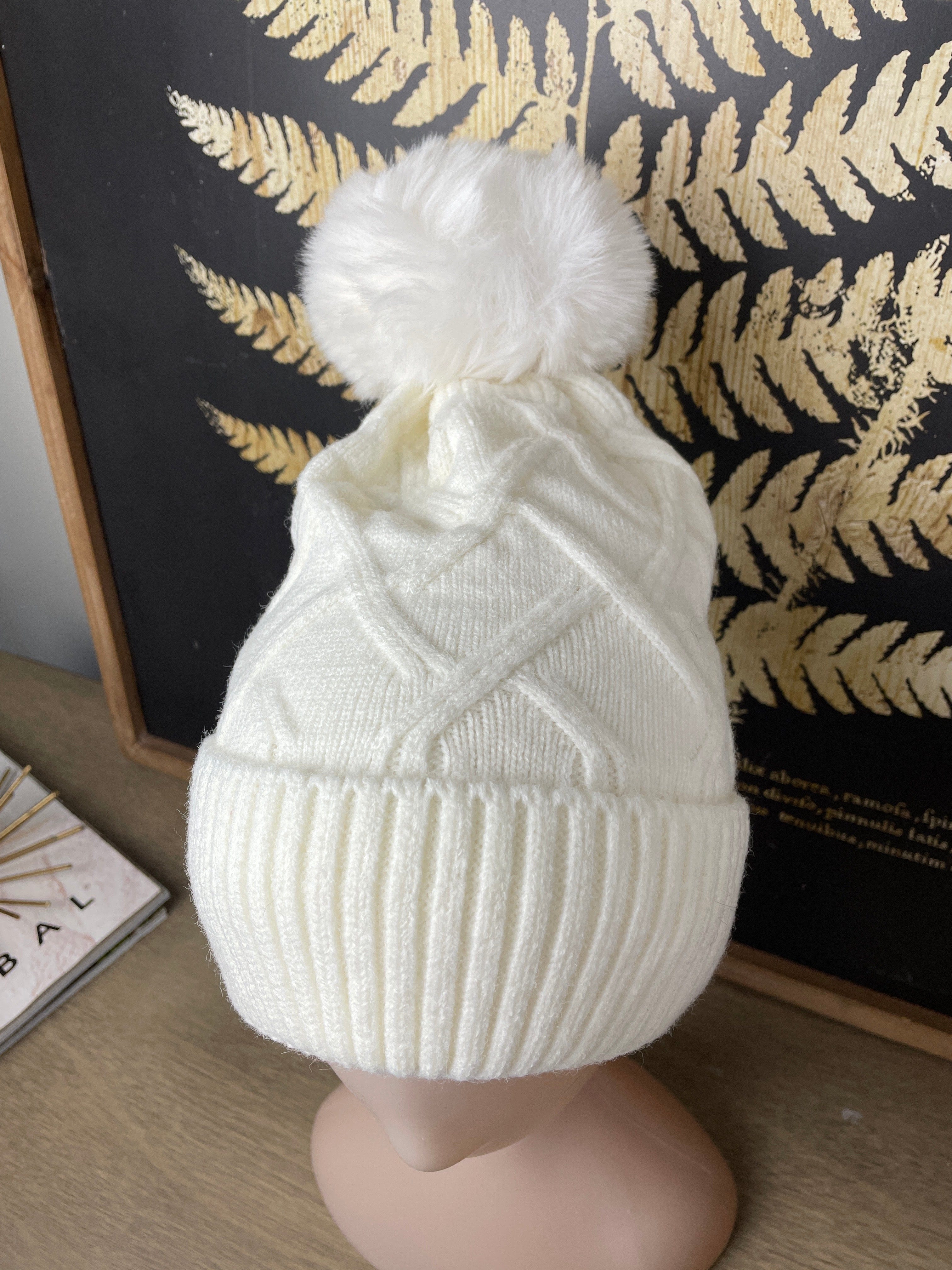 White Diamond Knit Fleece Lined Hat