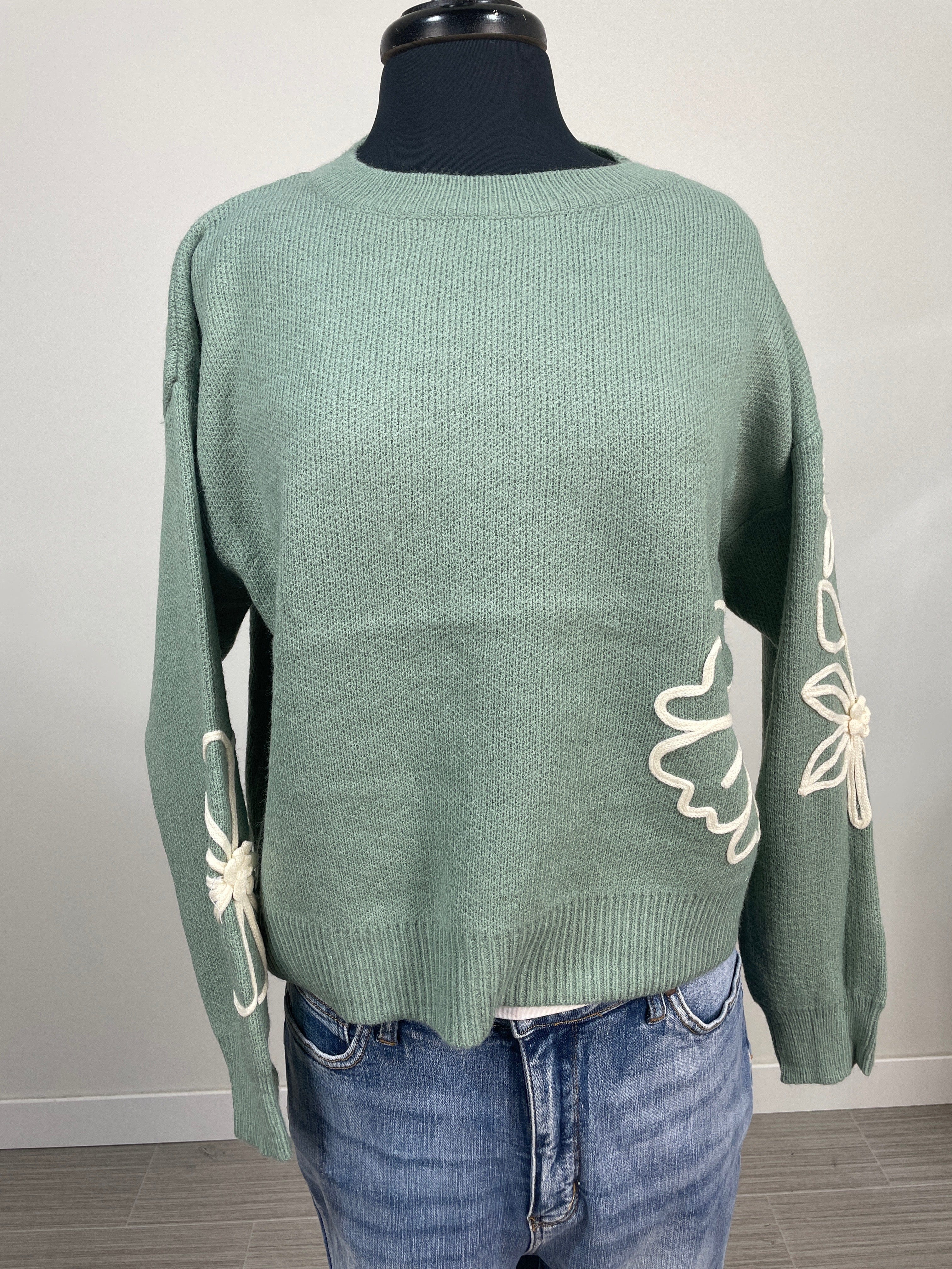 Green Sweater with Floral Detail