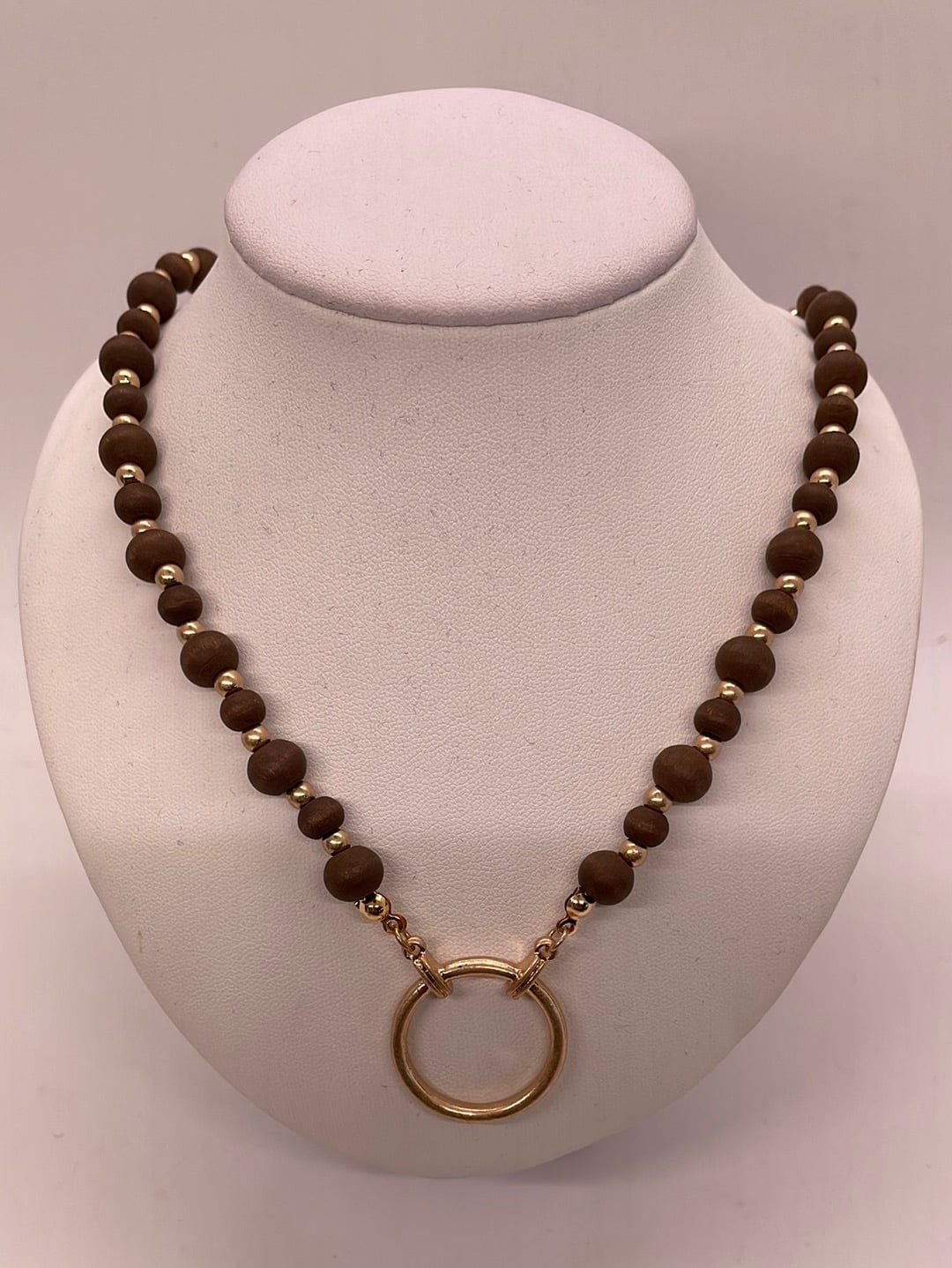 Brown Wood Bead & Gold Circle Necklace