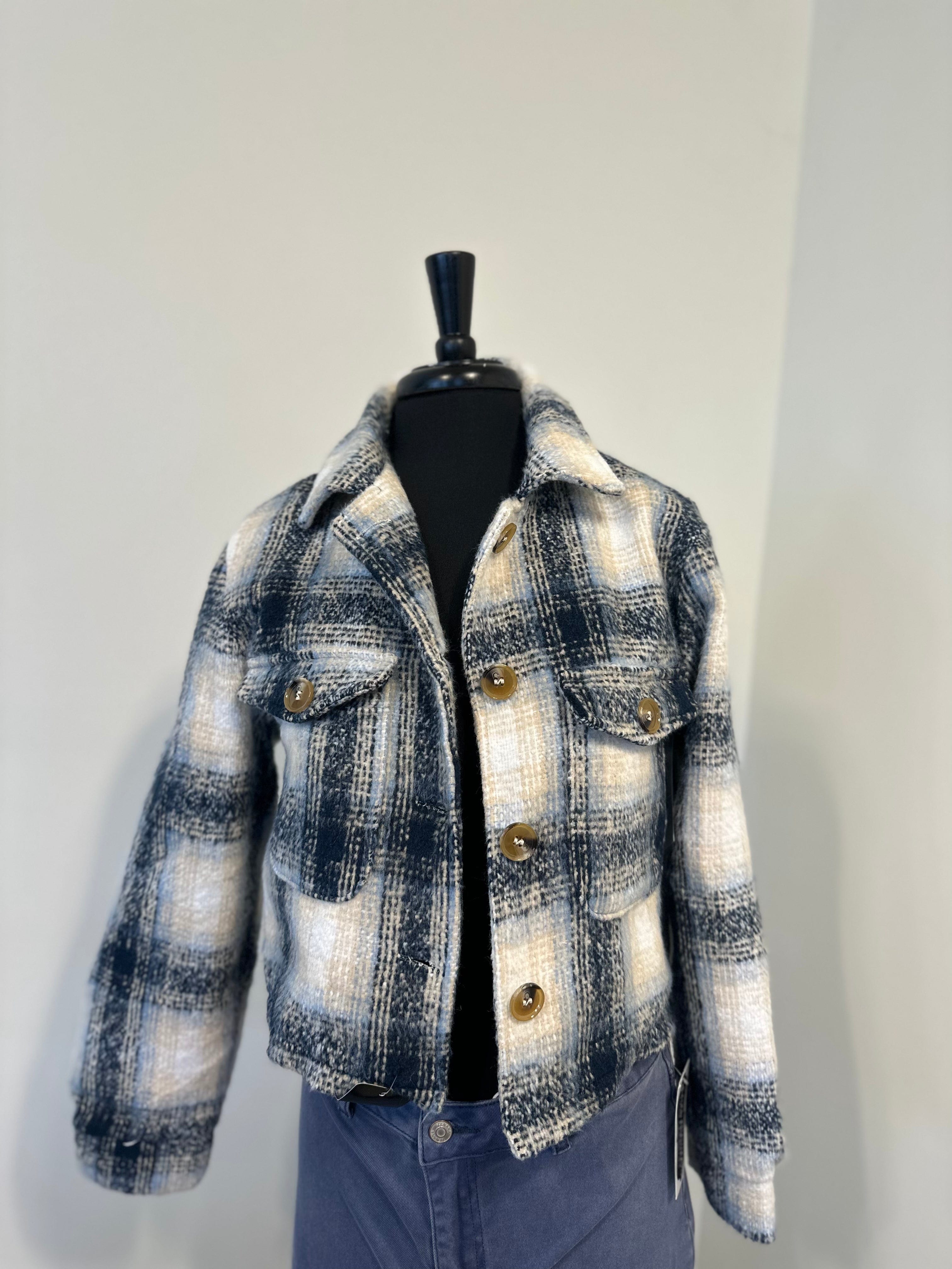Navy & Taupe Plaid Cropped Shacket