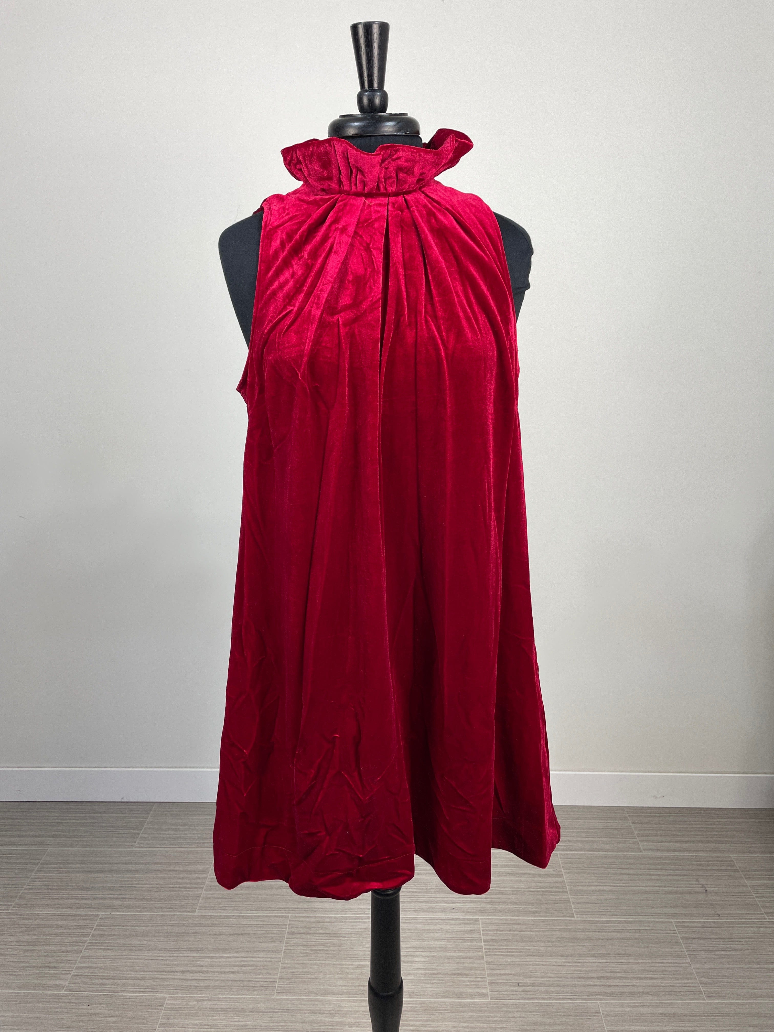 Deep Red Velvet Ruffle Halter Dress