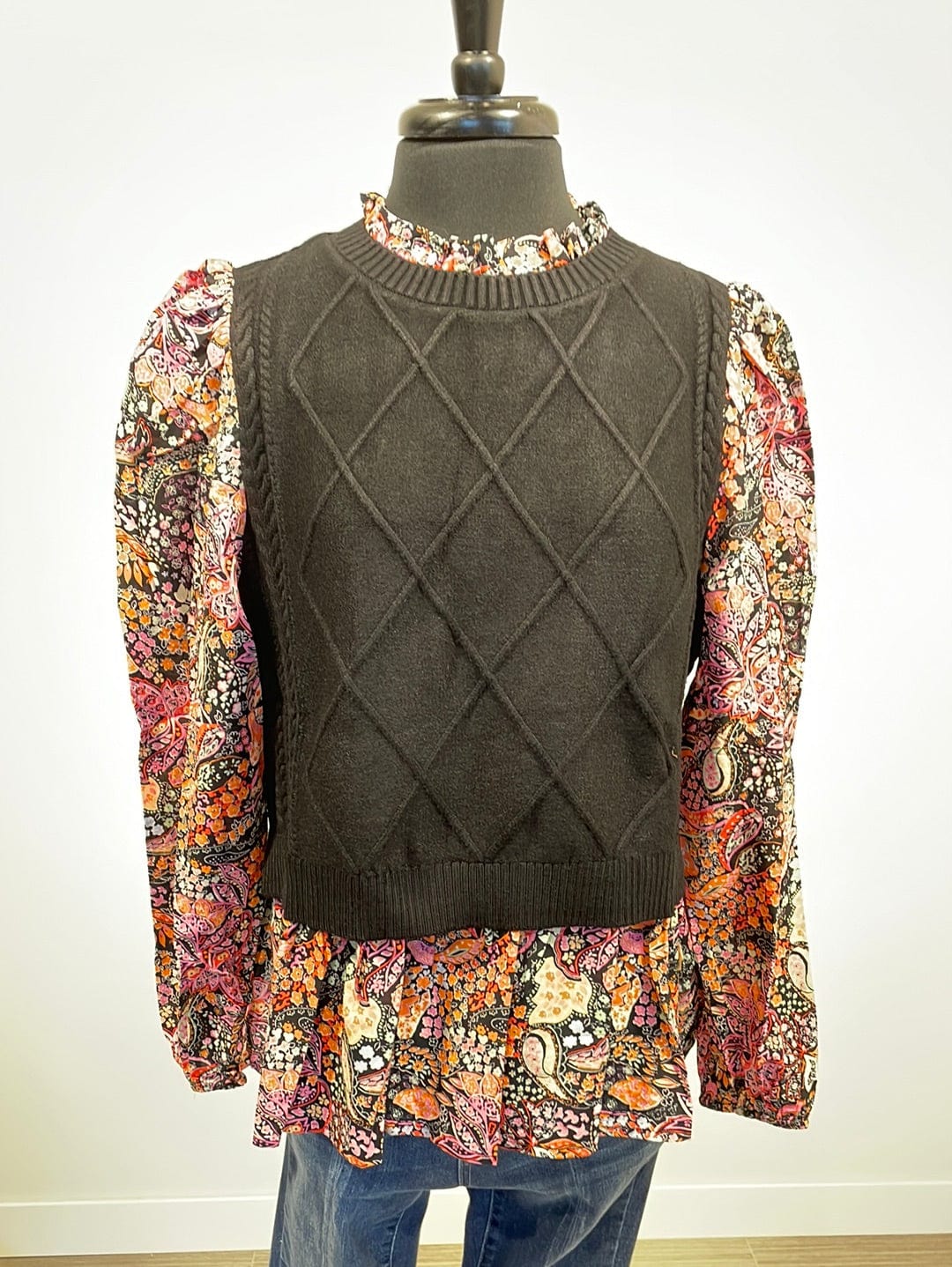 Black Contrast Cable Knit Sweater