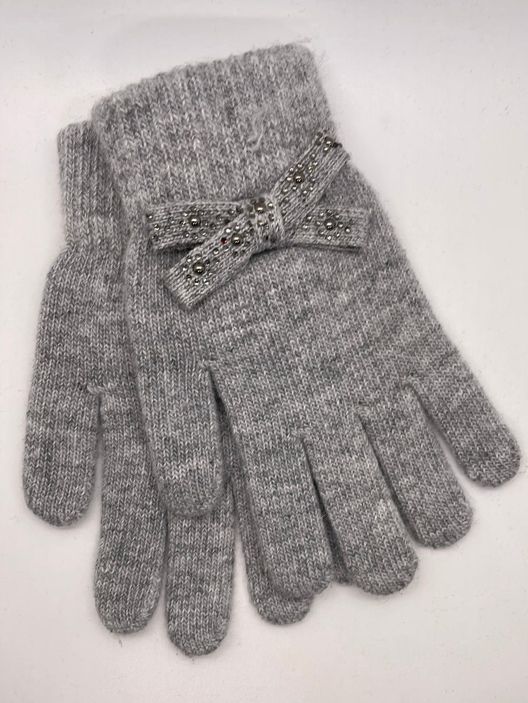 Gray Sparkly Bow Knit Gloves