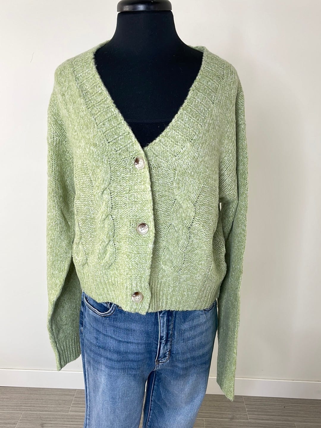 Sage Cropped Cable Knit Button Up Sweater