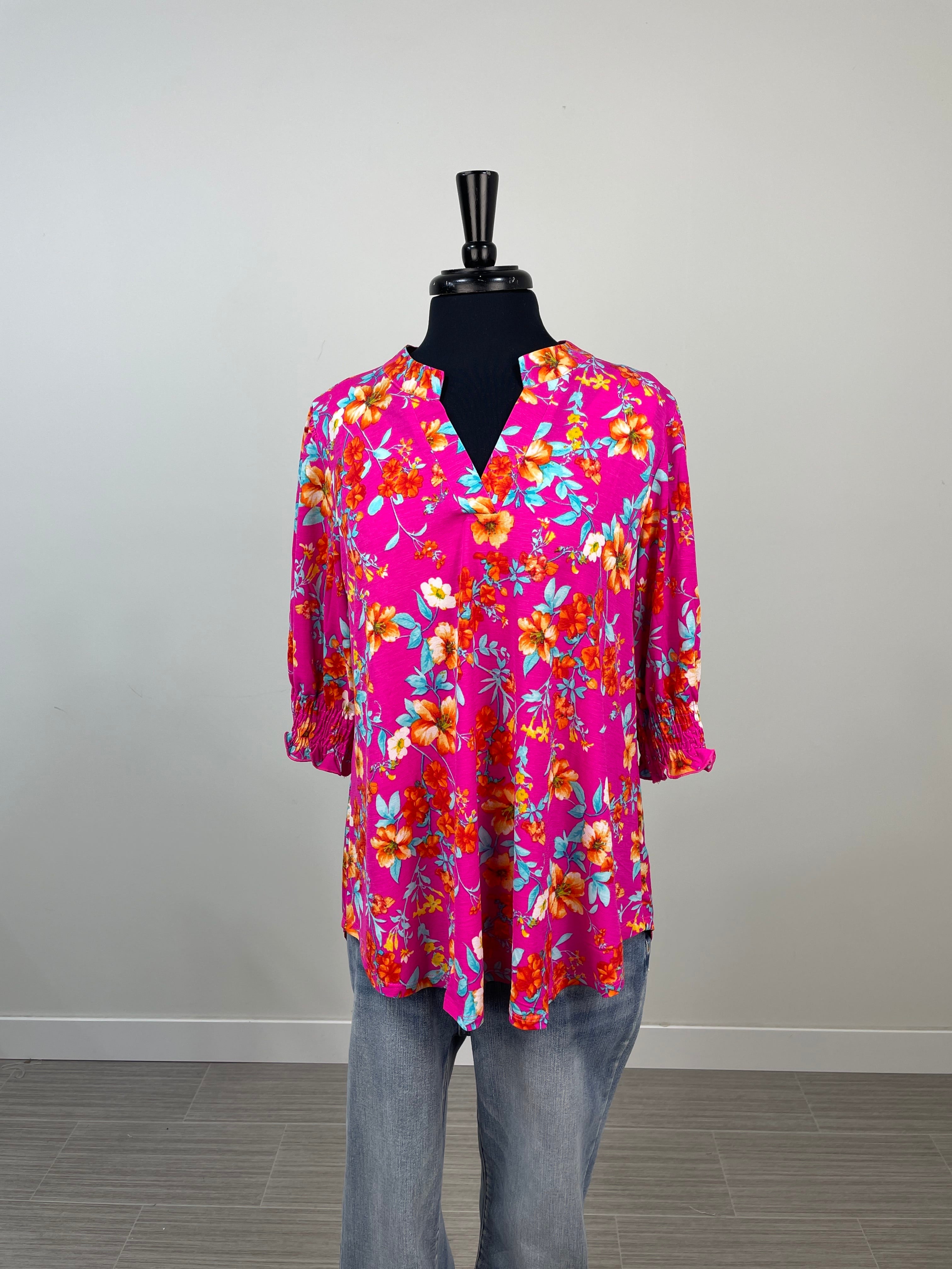 Hot Pink Floral Smocked Sleeve Top