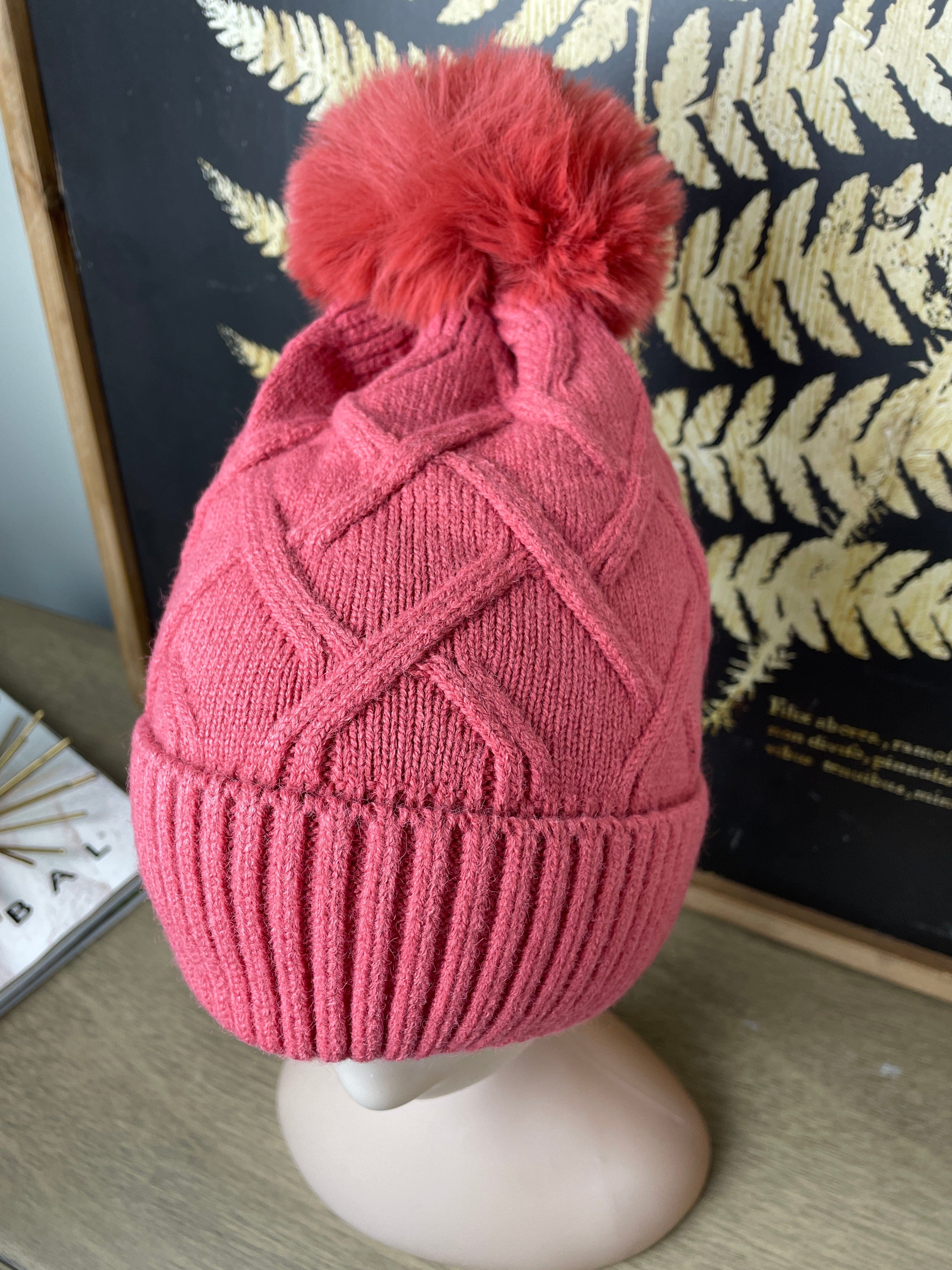 Rose Diamond Knit Fleece Lined Hat