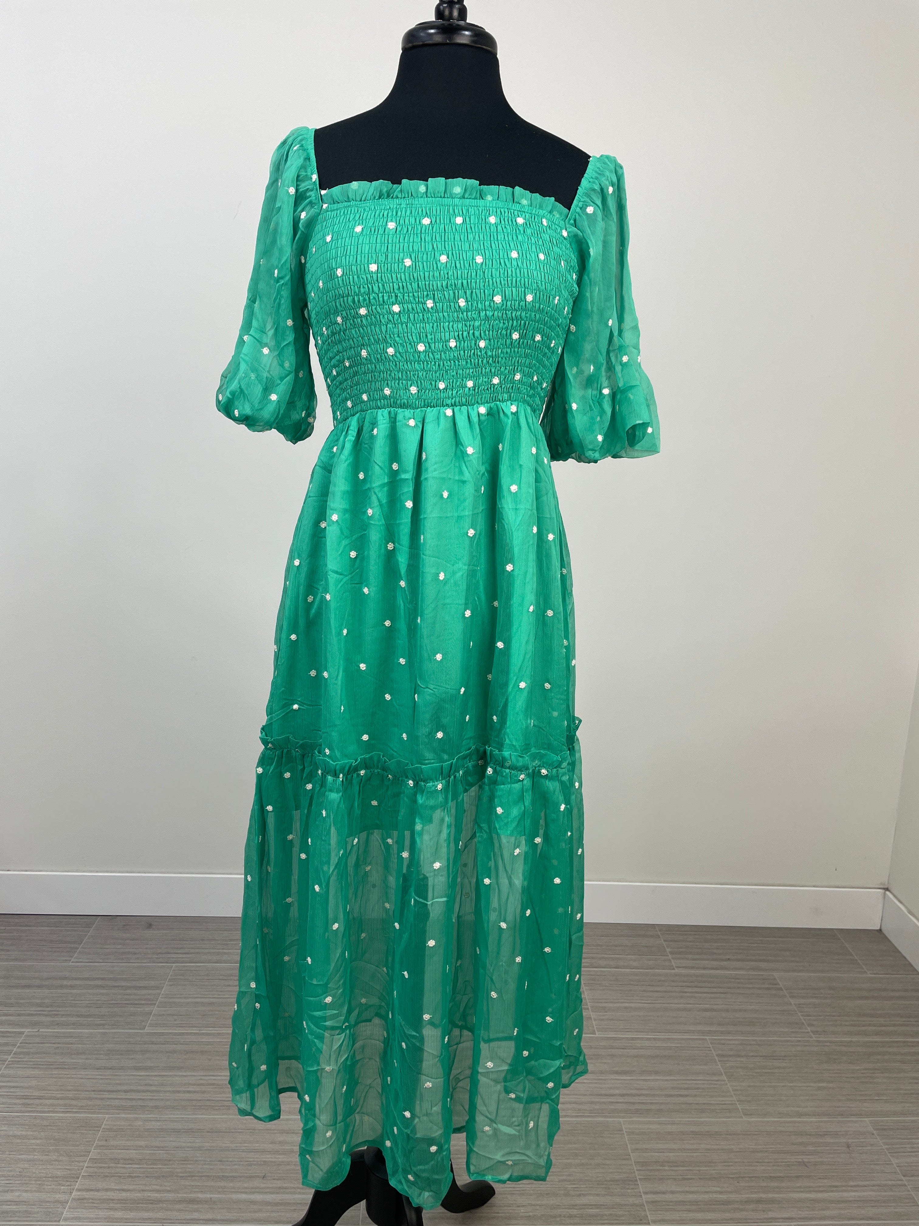 Green Square Neck Smock Detail Maxi Dress