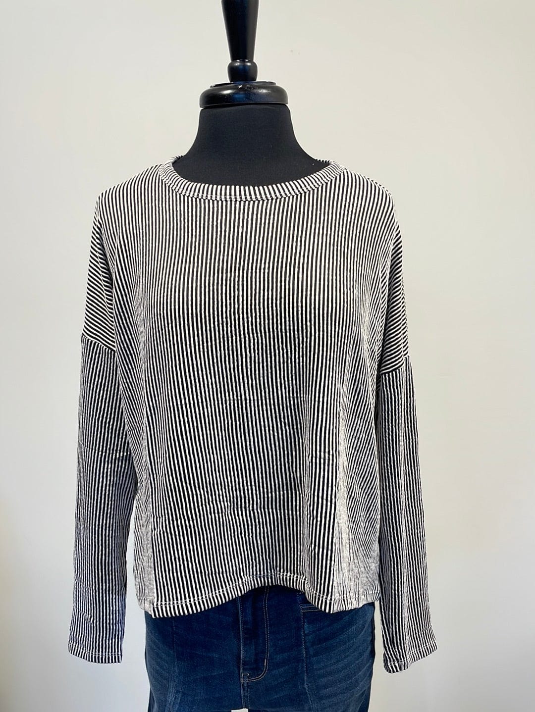 Black Ribbed Flounce Longsleeve Top