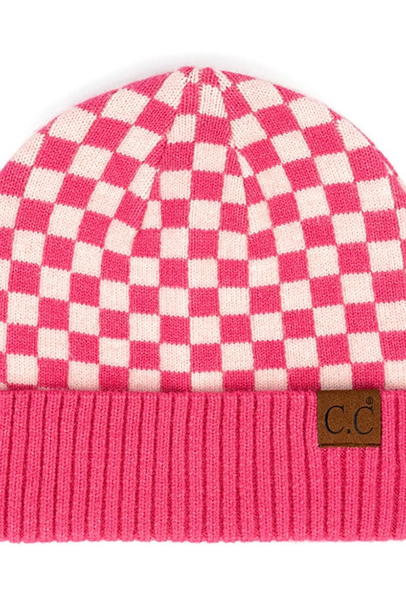 Pink Checkered Beanie Hat