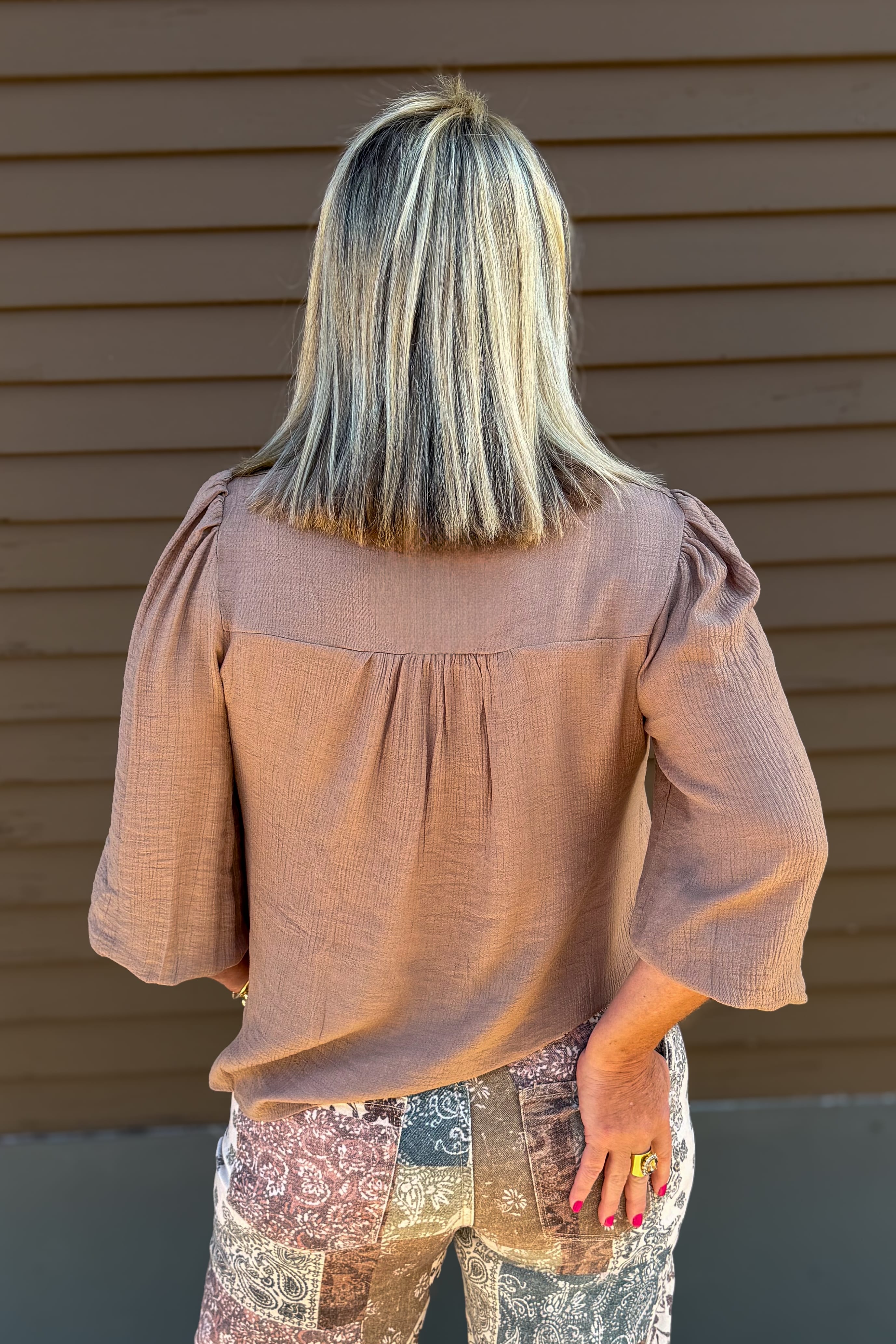 Mocha Crochet Trim Henley Top Back