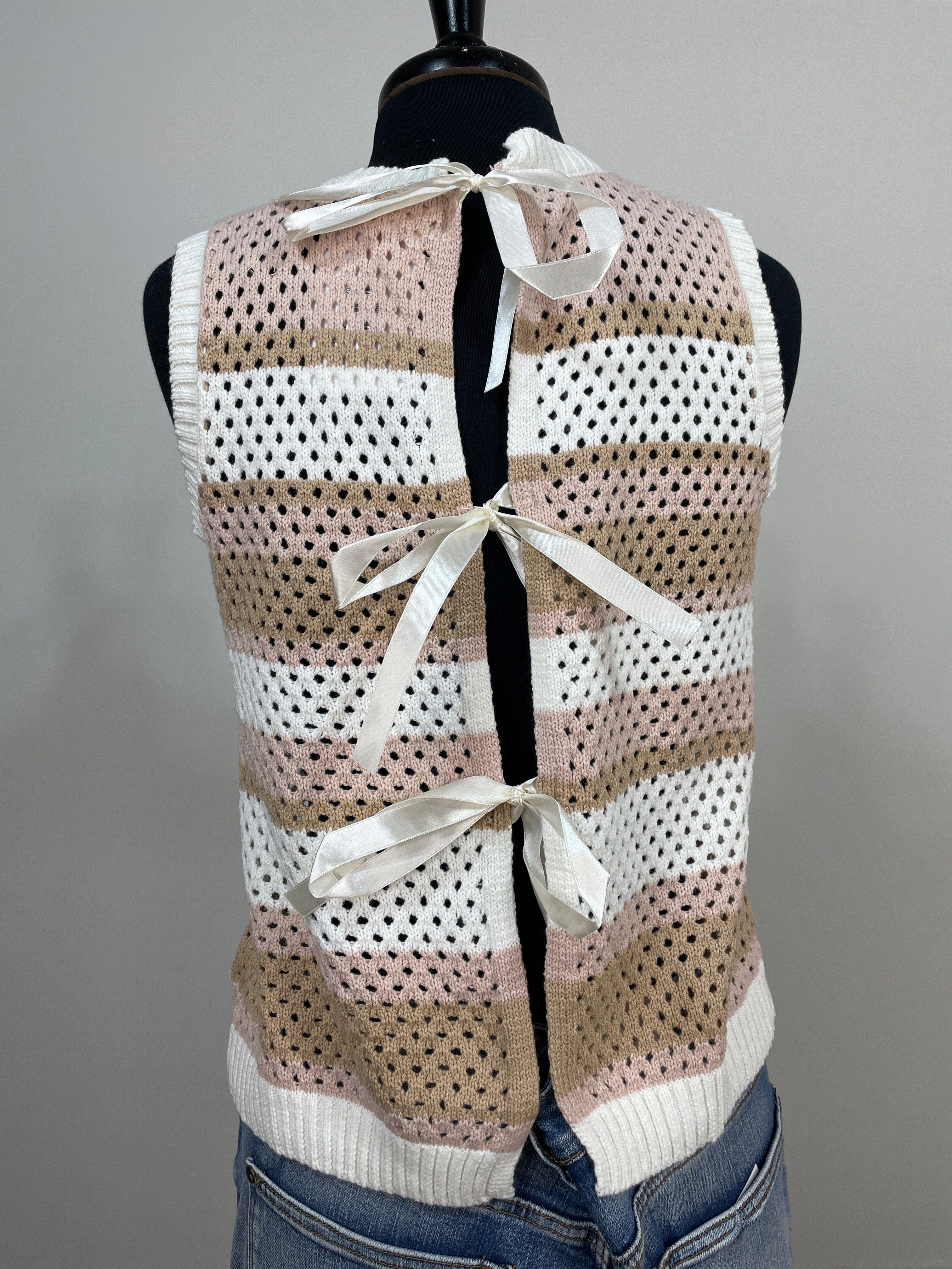 Pink & Tan Stripe Crochet Tie Back Tank Sweater