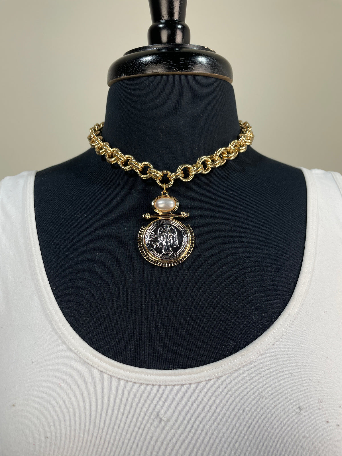 Gold & Silver Medallion Pearl Toggle Clasp Necklace