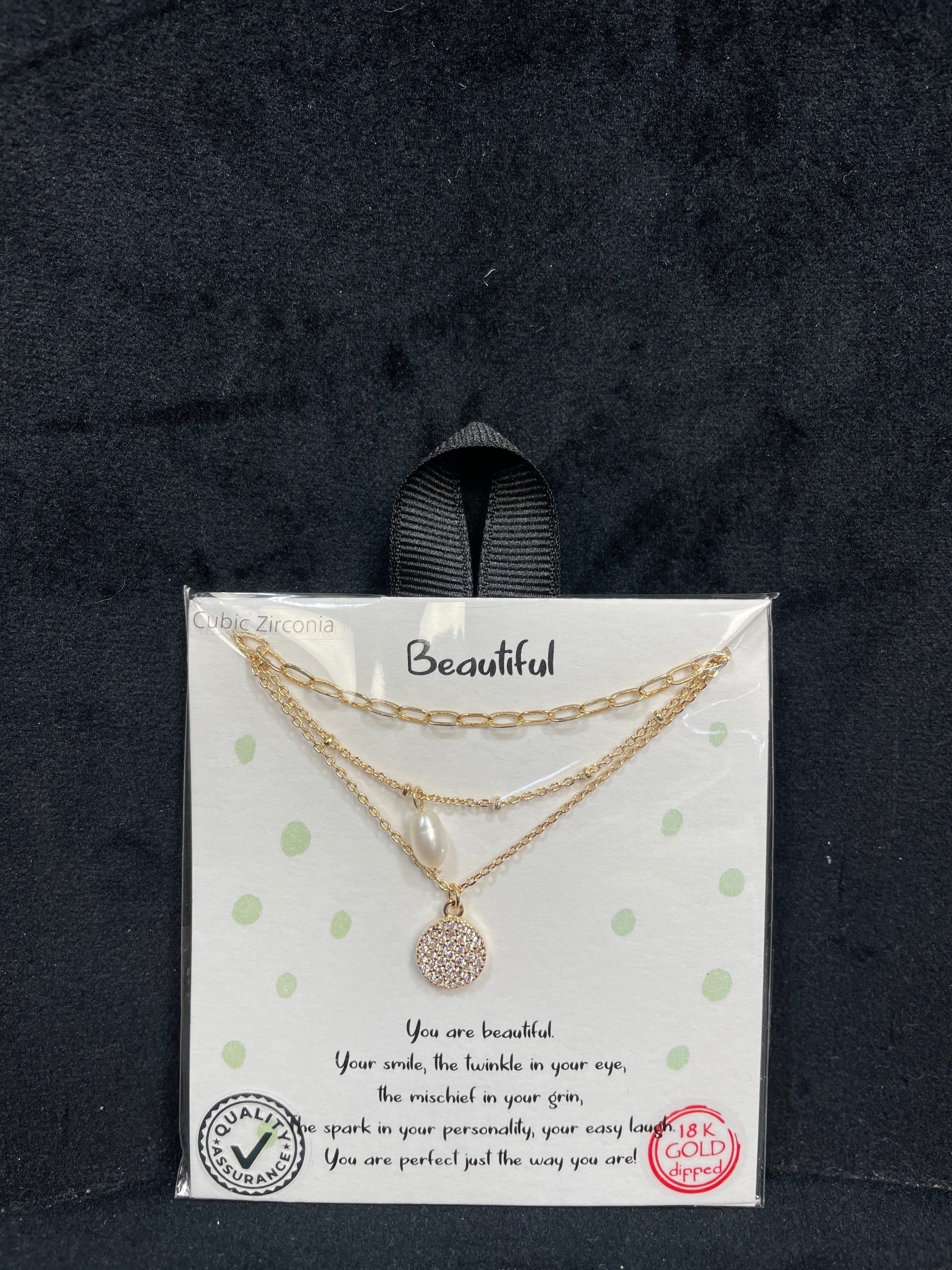 Beautiful Layered Pave Disc & Peal Necklace - Gold