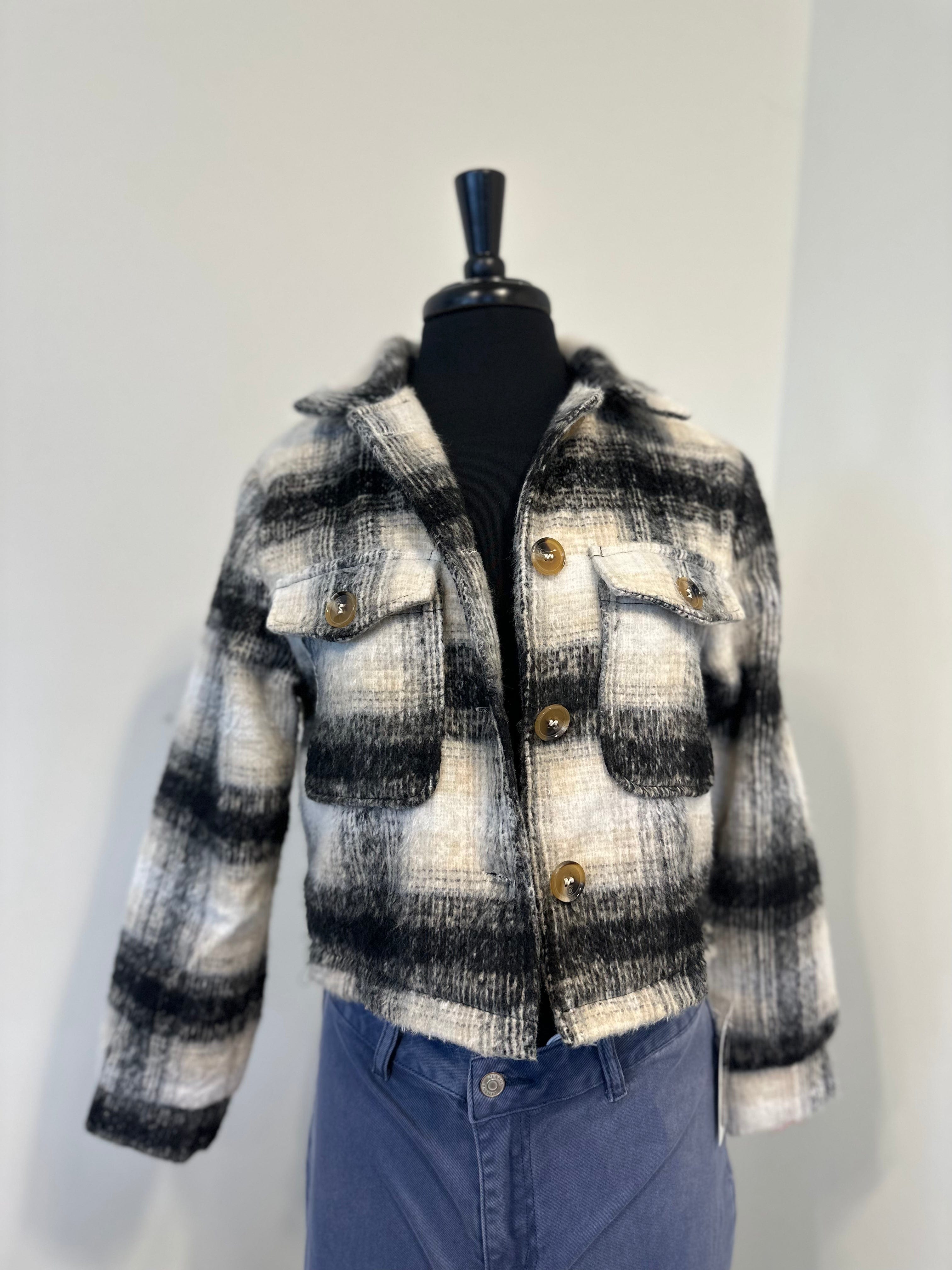 Black & Taupe Plaid Cropped Shacket