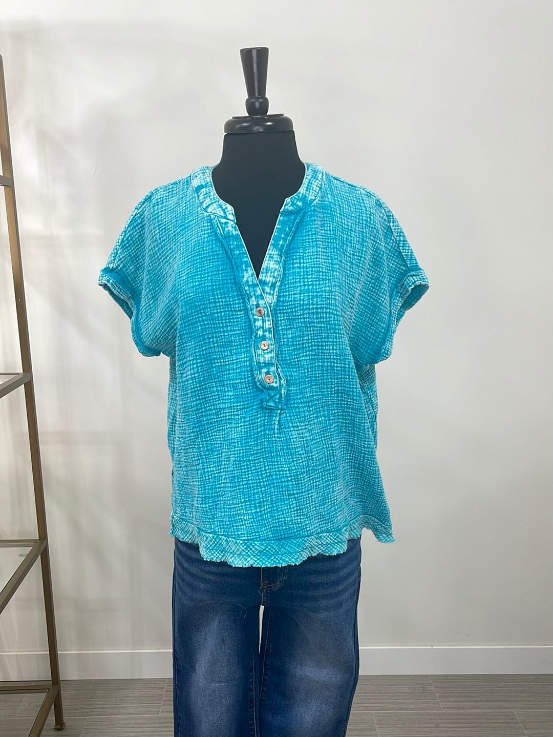 Teal Gauze 3/4 Button Henley Top