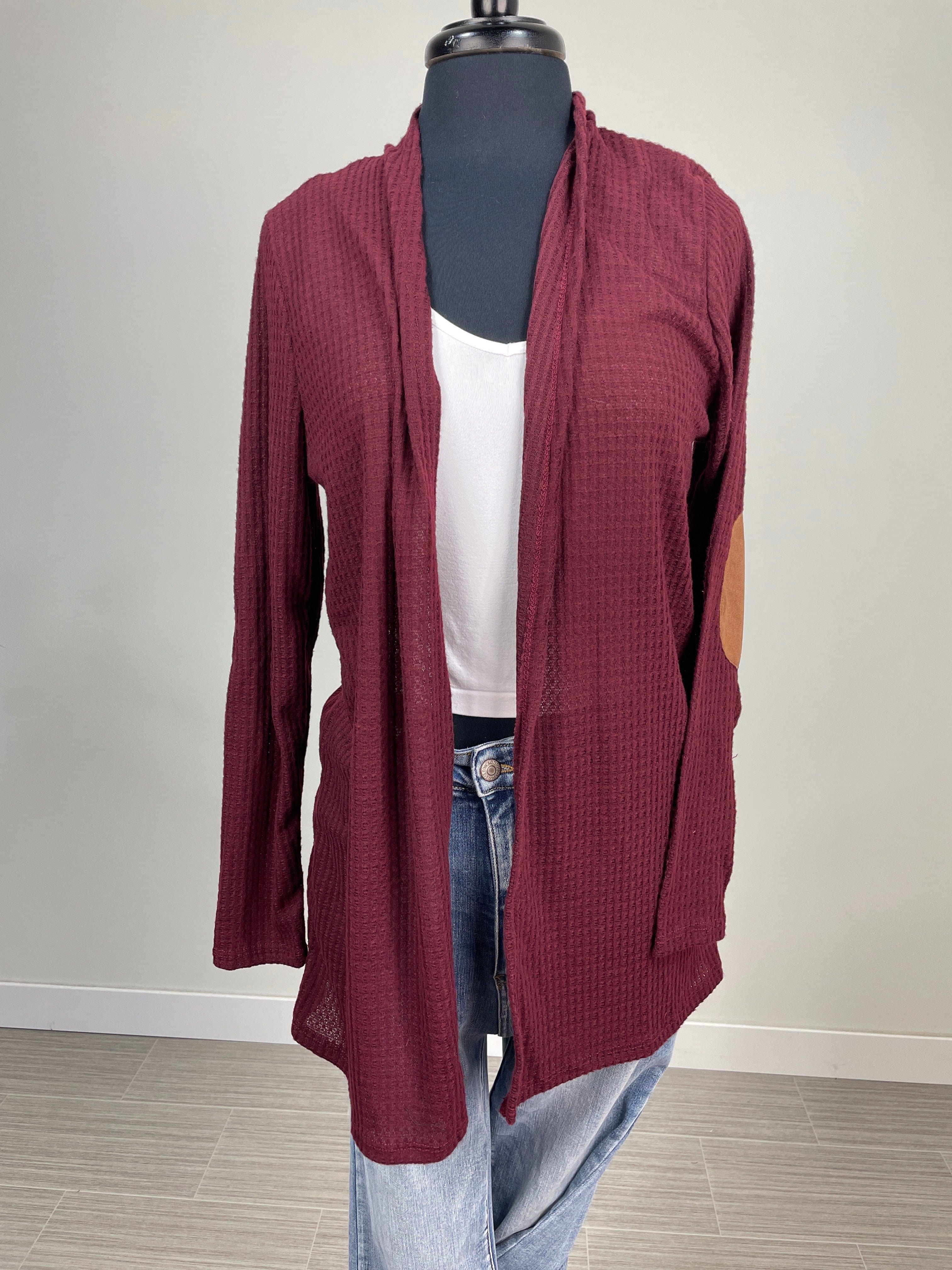 Burgundy Elbow Patch Waffle Cardigan
