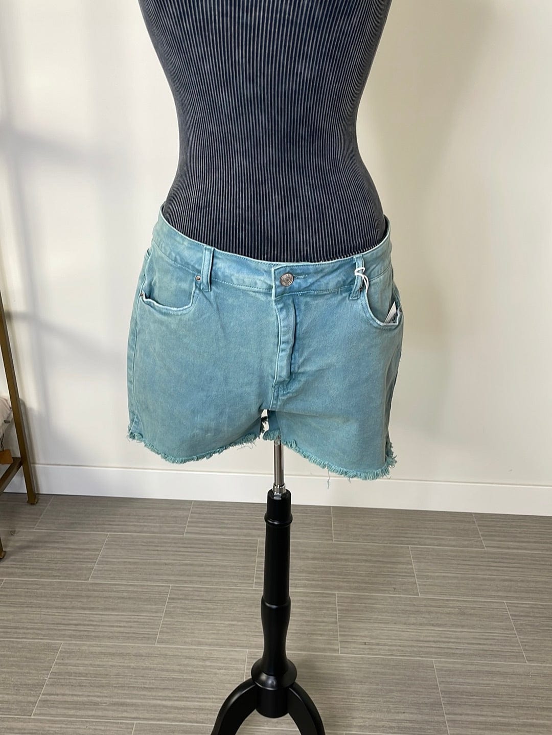 Teal Acid Washed Frayed Shorts