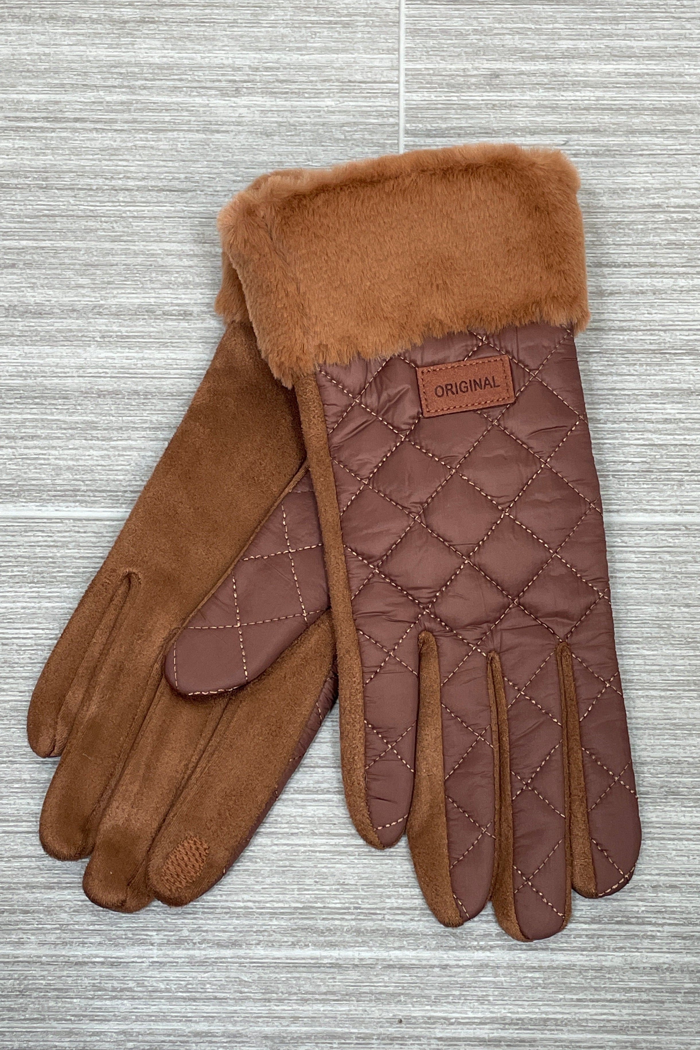 Camel Quilted Texture Faux Fur Cuff Glove